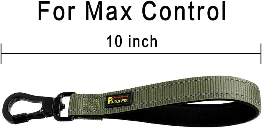 PLUTUS PET Short Dog Leash, Reflective Nylon Padded Handle, Strong Traffic Leash with Carabiner Clip, Perfect for Large or Medium Dogs (10”,Ranger Green)