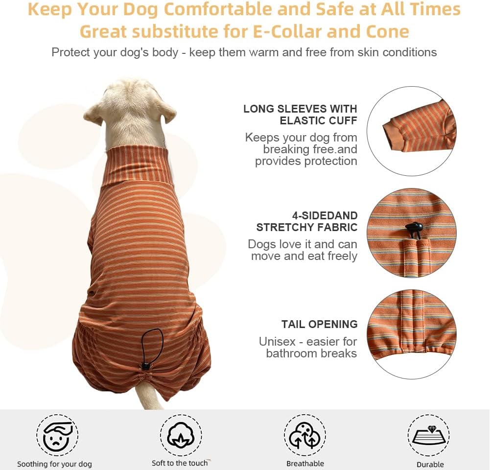 Dog Pyjamas PJS Sweater Clothes and Home Clothing Suitable for Small to Medium Breeds of Dogs, Dog Neutering Suits, Extra-Large Stretch Fabric, Four-Legged (Thickened Orange Stripes, XL)