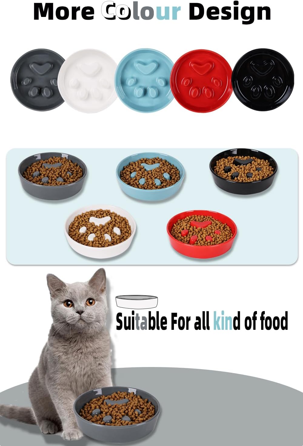 Slow Feeder Cat Bowls, Ceramic Fun Slow Eater Bowl for Cats (Grey)
