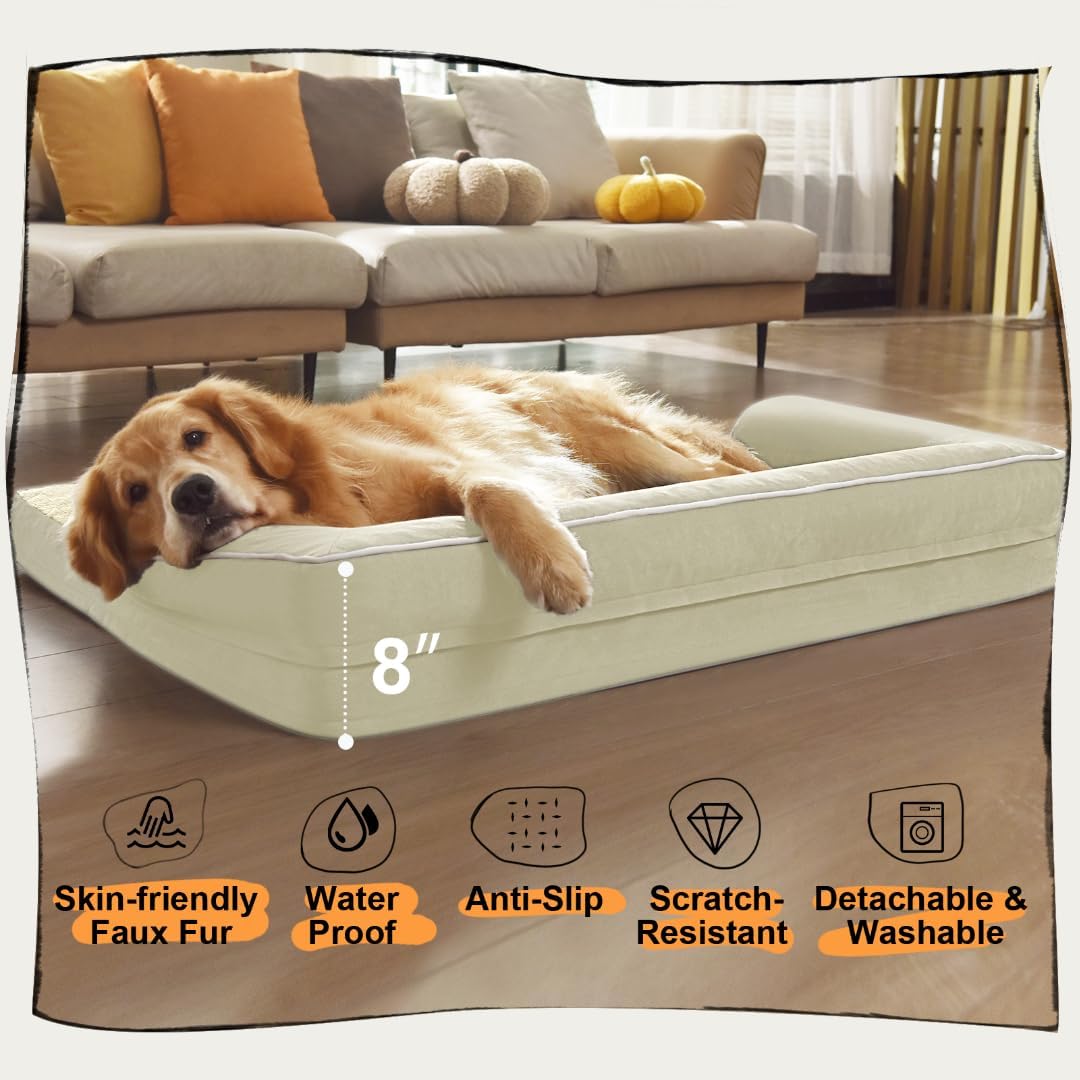 Large Dog Bed Orthopedic Washable - Waterproof with Removable Cover - Memory Foam - XXL Large Big Dogs - Beds Bolster Pet - Couch Sofa - Beige Dog Bed