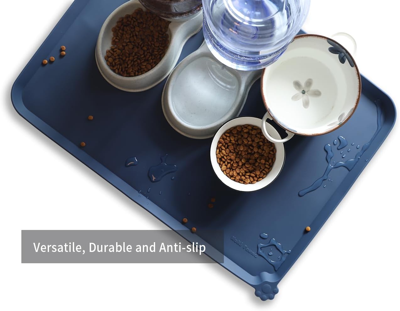 Hoki Found X-Large Silicone Pet Food Mats - Non Slip Dog Cat Bowl Placemats - Waterproof Dog Cat Food Mats - Suitable for Carpet - Indigo Ink