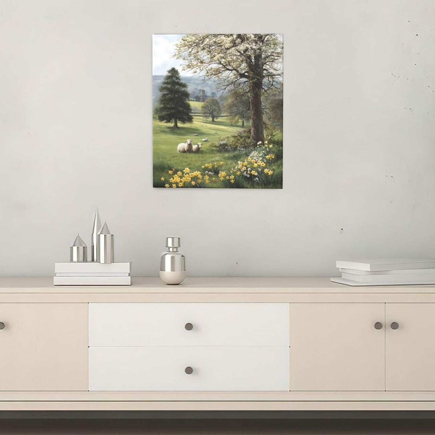 Country Sheep Canvas Wall Decor Farmhouse Rustic Lamb Wildflower Wall Art Nature Countryside Landscape Pictures Painting Print Framed Artwork Decorations for Bathroom Living Room Bedroom 24"x20"