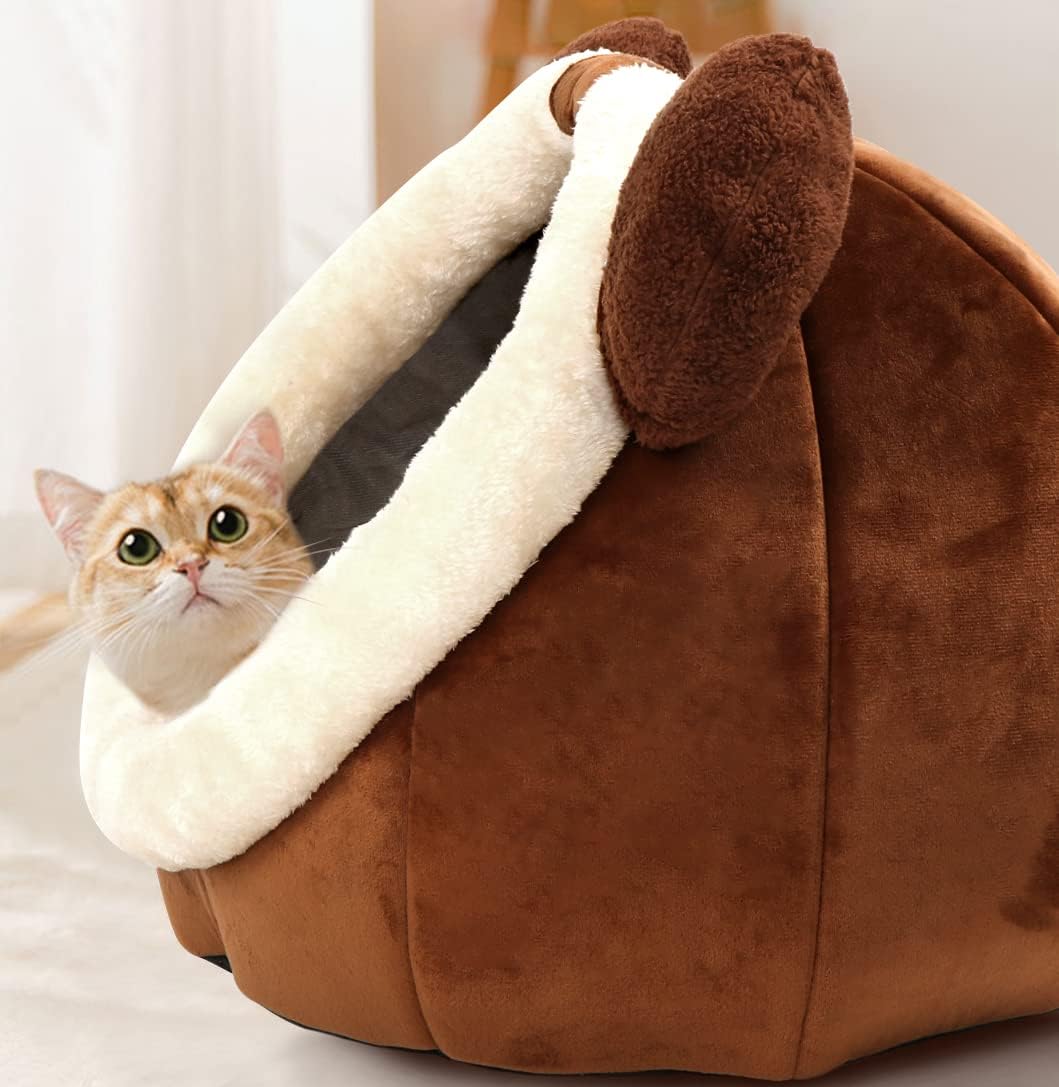 Cat Beds for Indoor Cats - Cat Bed Cave with Removable Washable Cushioned Pillow, Soft Plush Premium Cotton No Deformation Pet Bed, Roomy Bear Cat House Design, Multiple Sizes-L