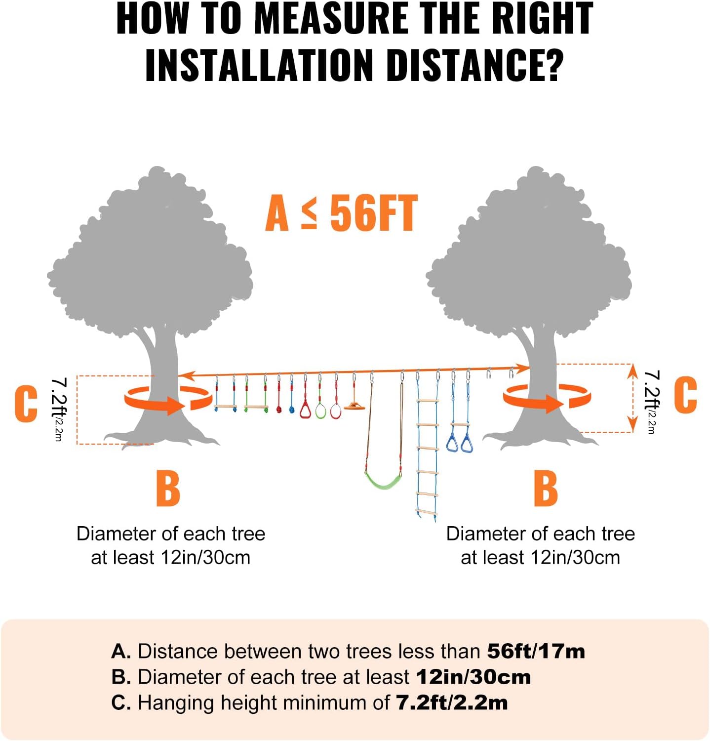 VEVOR Warrior Obstacle Course for Kids, 56FT Slackline with Gym Rings, Monkey Bars, Rope Knots, Portable Outdoor Course Training Equipment Set for Backyard