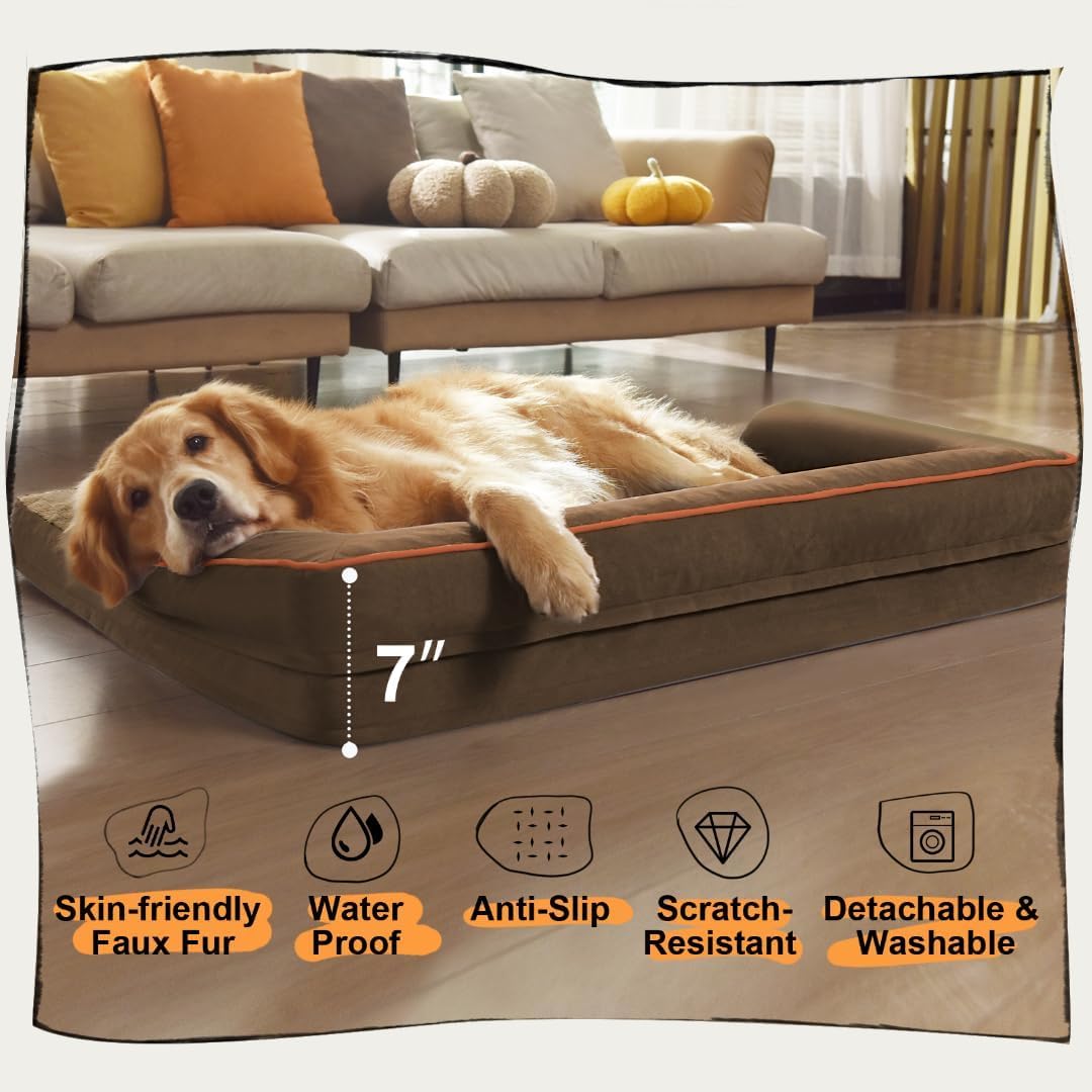 Extra Large Dog Bed-Orthopedic Waterproof XL Dog Bed for XLarge Extra Big Dogs - Foam Couch Sofa Washable with Removable Cover-Brown
