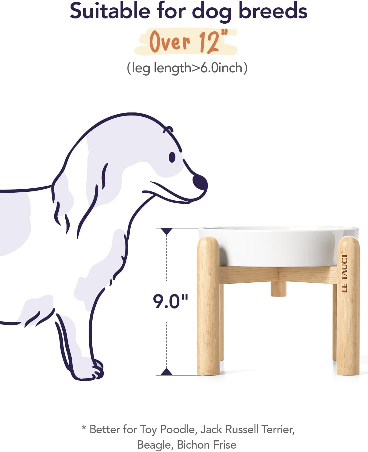 LE TAUCI Ceramic Slow Feeder Dog Bowls Elevated, 3 Cup Raised Bowl with Wooden Stand for Medium Large Breed, Slow Down Eating, Puzzle Dog Food Bowl, Angel White