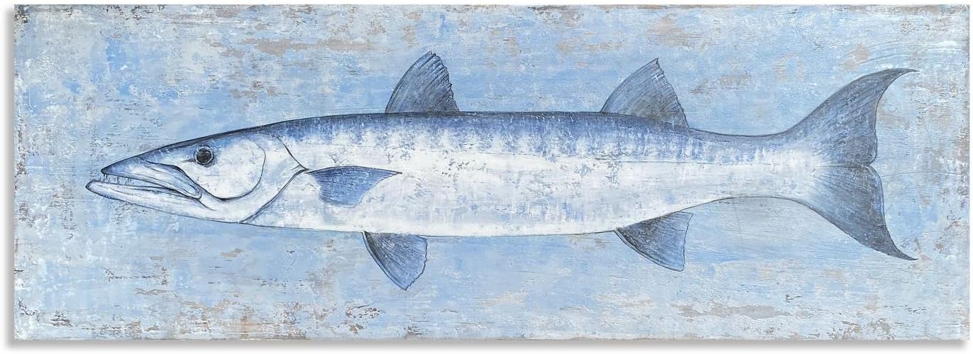 Yihui Arts Blue and White Fish Canvas Wall Art – Coastal Paintings with Textured for Living Room Bedroom Bathroom Decor