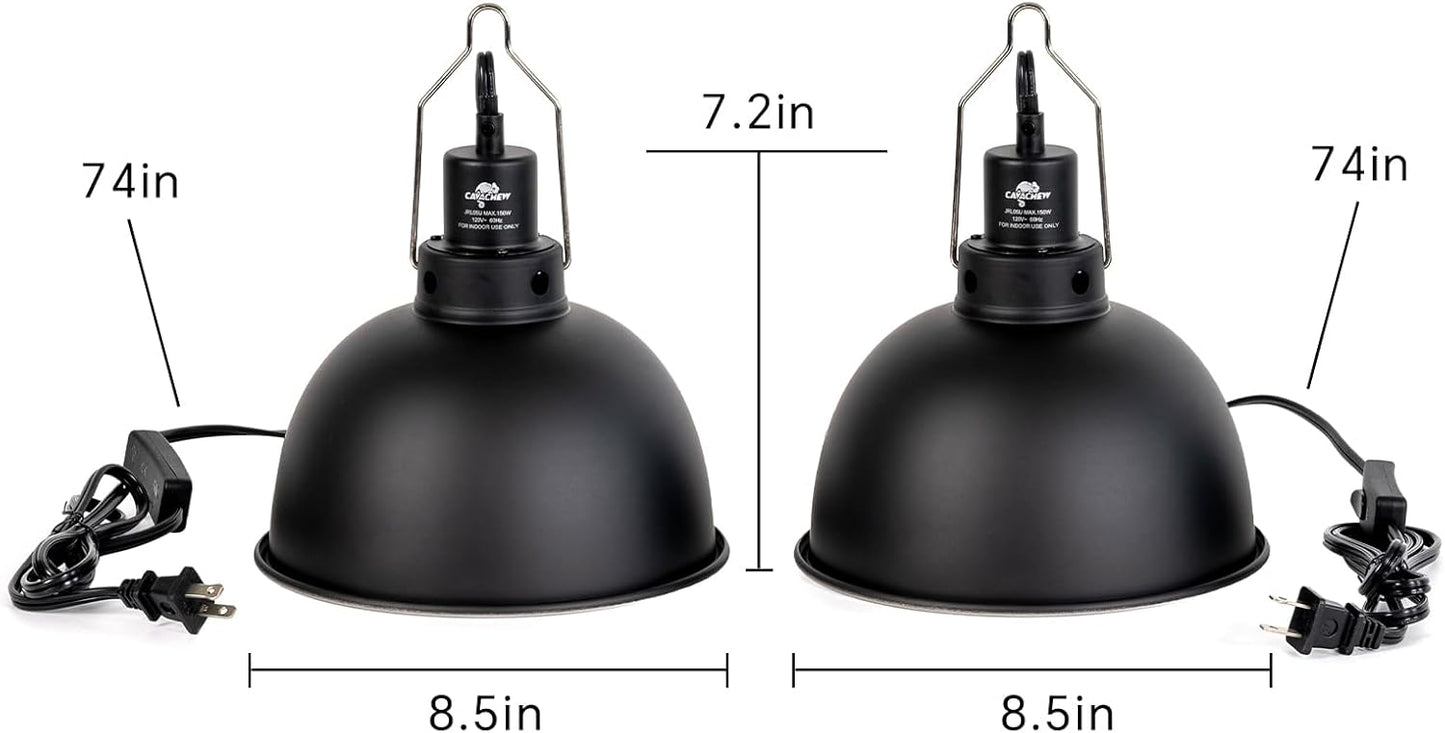 2 Pack Reptile Light Fixture, 8.5in Deep Dome Reptile Lamp Fixture, Optical Reflection Cover, Separate Switche & Hook, Terrarium Light Fixture for Reptile Heat Basking UVB Bulbs, 150W, Black