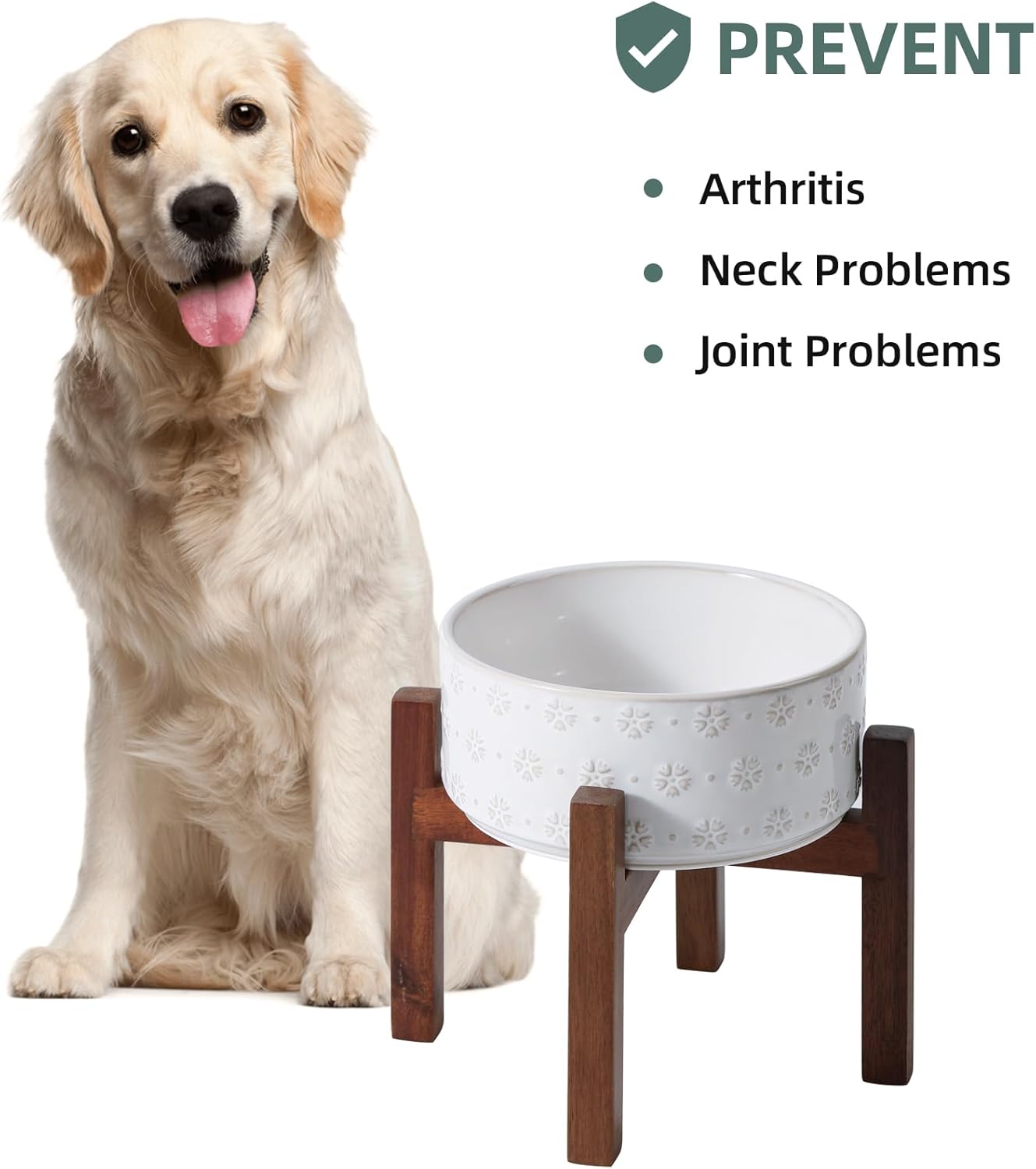 7.3inch Ceramic Raised Dog Bowl Set, Elevated with Acacia Wood Stand, Food and Water Bowl for Medium Breed Dogs, Weighted Dog Dishes, Pet Bowl(41OZ, Arctic White)