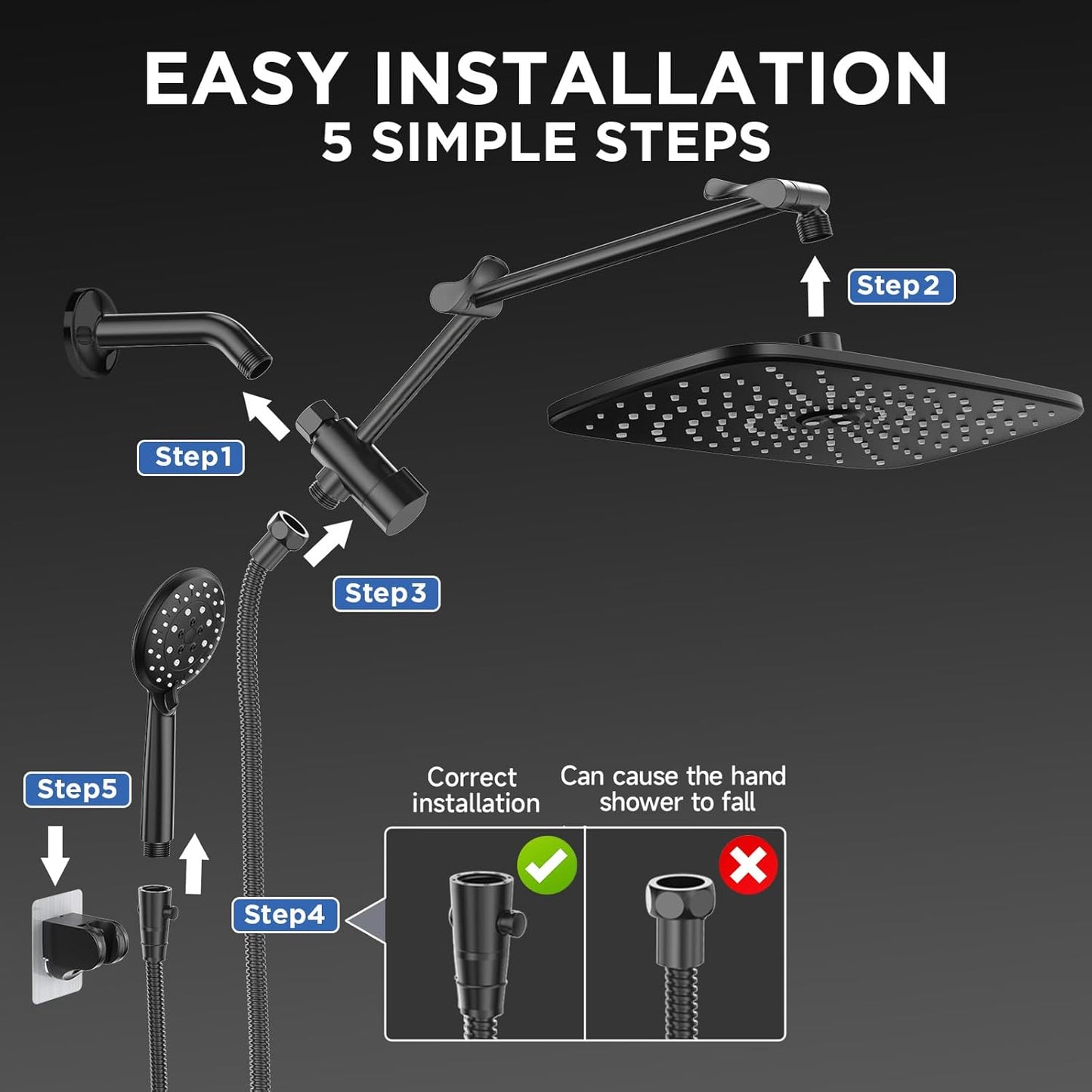 Veken Wide Rain Shower Head with 6 Modes Handheld Water Spray,High Pressure Showerhead Combo with Arm for Bathroom Accessories,Home Decor Adjustable Dual Shower with Anti-Clog Nozzles,Matte Black