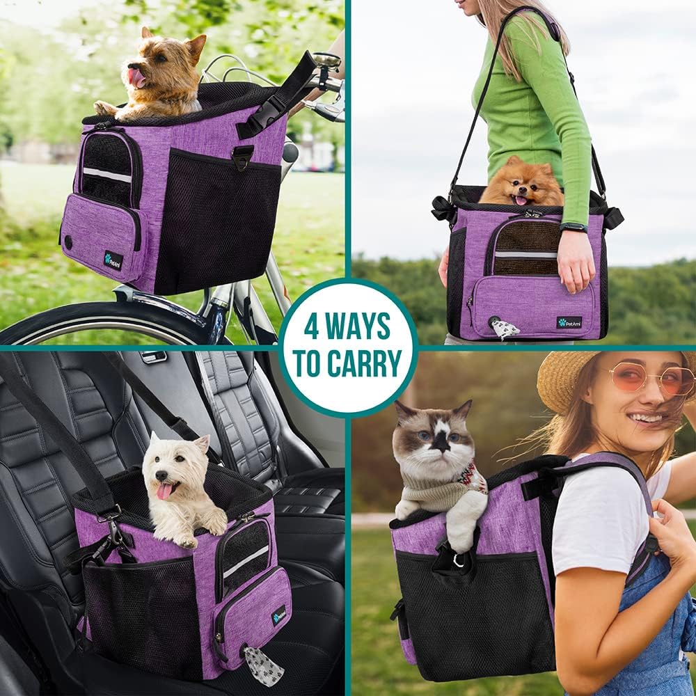 PetAmi Dog Bike Basket, Soft-Sided Ventilated Dog Bike Carrier Backpack, Pet Bicycle Basket for Bike Handlebar, Small Medium Puppy Cat Kitten Car Booster Seat with Safety Strap, Max 18 lbs, Purple