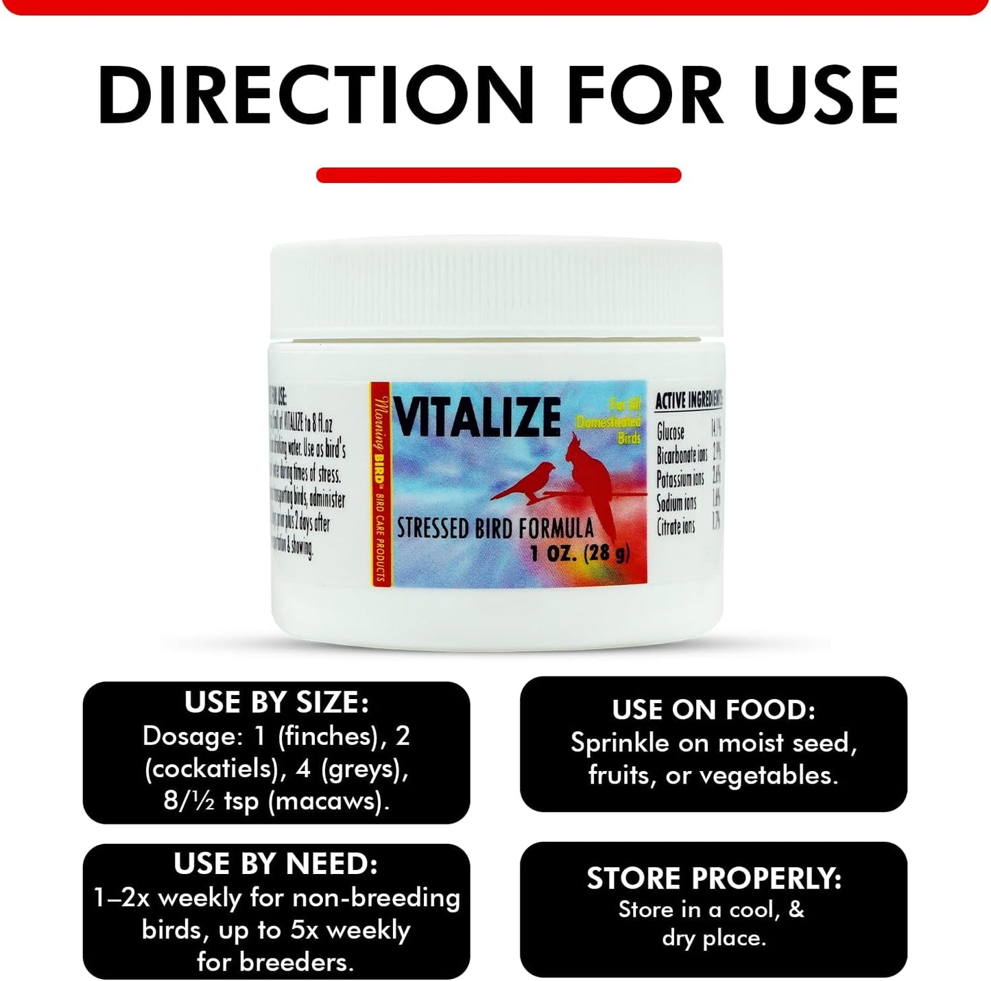 Morning Bird Vitalize, Supplement for Sick, Injured, or Stressed Caged Birds; Dehydration and Exhaustion Treatment for Parakeets, Cockatiels, Budgies, Finches, Canaries, and Parrots, 1 oz