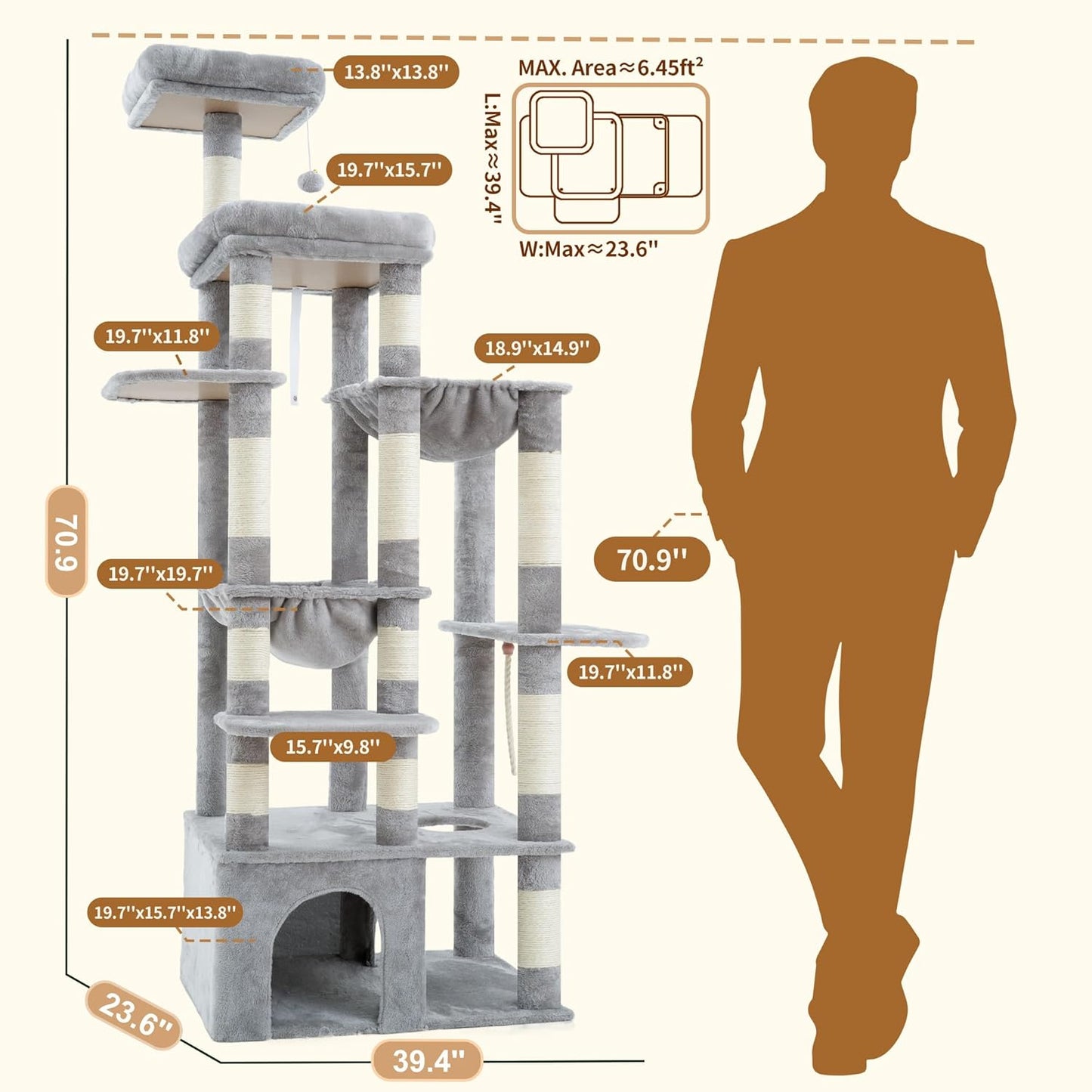 Heybly Heavy Duty Cat Tree, 71-Inch Tall Tower for Large Maine Coon with Extra-Large Baseboard, Cat Condo Furniture with Multi-Level Platforms, 2 Hammocks and 12 Scratching Posts, Light Gray HCT037W