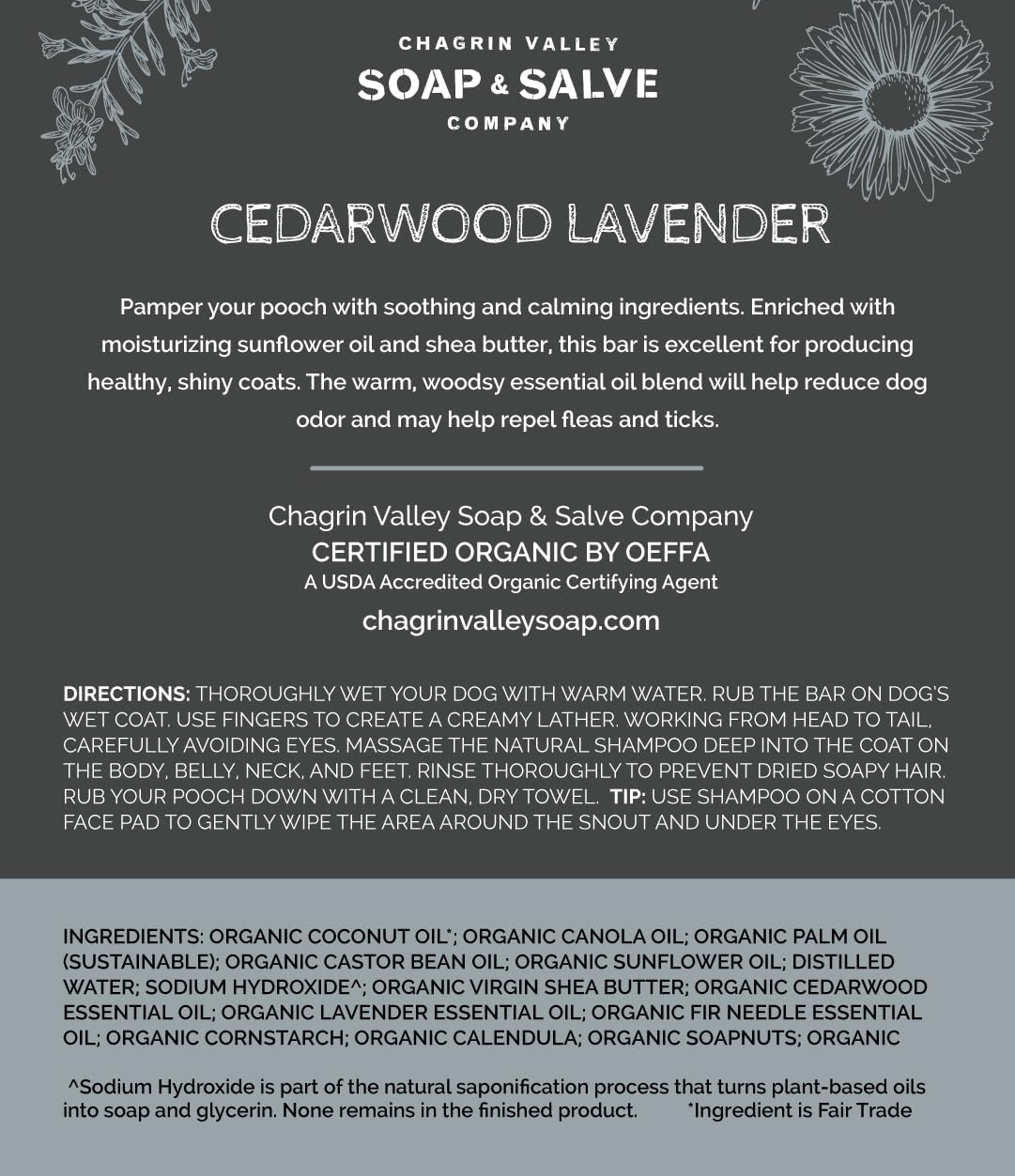 Chagrin Valley Soap & Salve Certified Organic Dog Shampoo and Conditioner - Dog Shampoo Itchy Skin Relief and Puppy Essentials - Natural Handmade Cedarwood Lavender, 3.8 oz Bar Soap