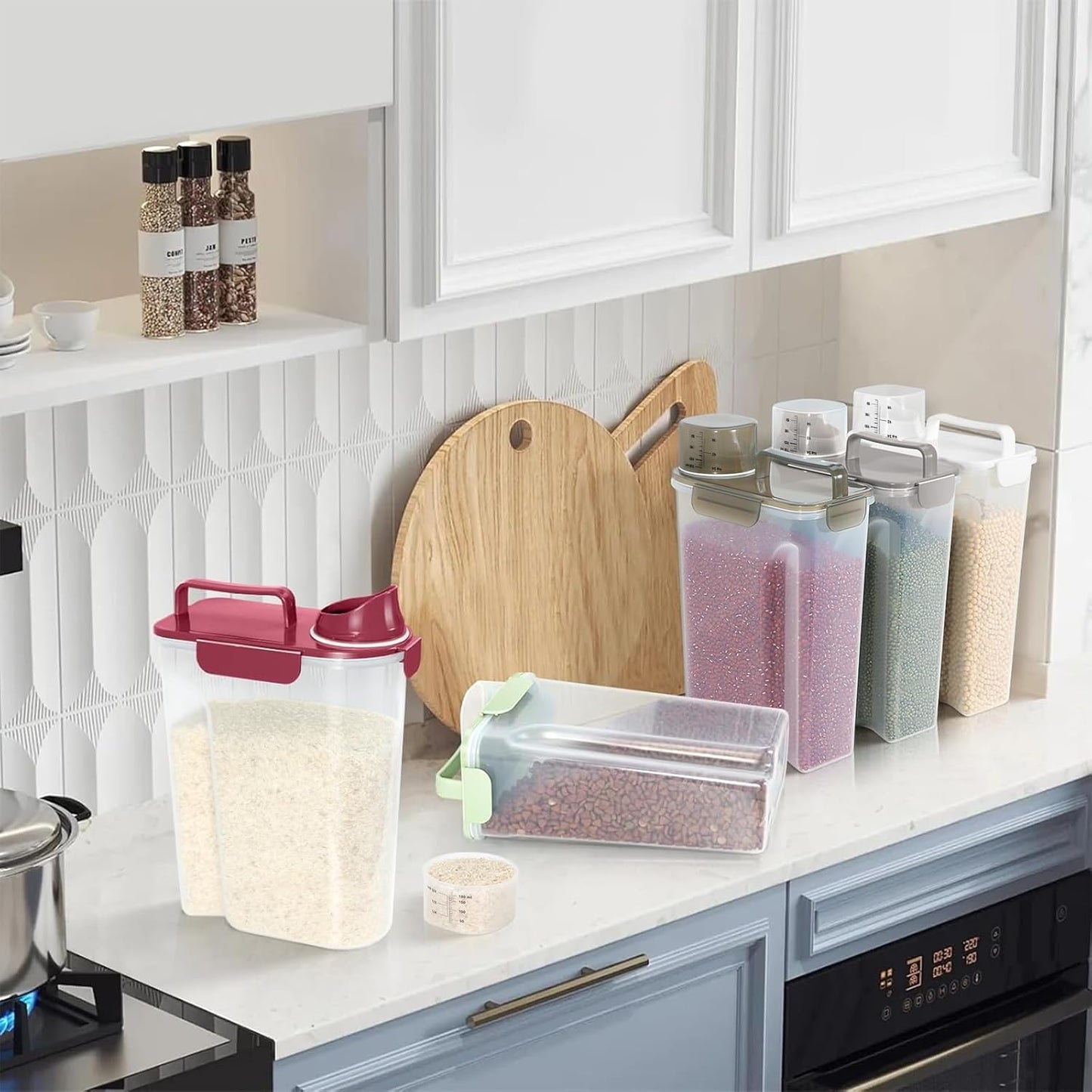 5-7Lbs Dog Cat Food Storage Container with Upgraded Large Nozzle BPA-free, 4 Snap Seals Plastic Pet Food Storage Containers with Handles (2, Gray Blue + Red, 5L)