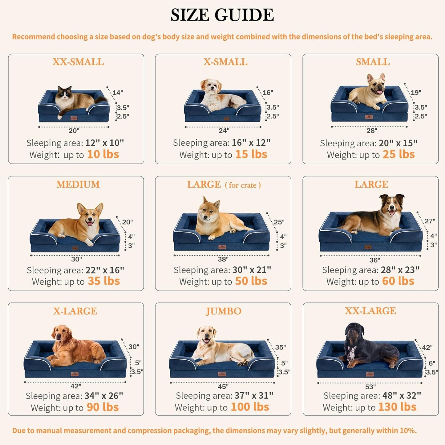Comfort Expression Small Dog Beds Waterproof Orthopedic Foam Dog Sofa Beds for Medium Dogs Comfy Pet Bed with Washable Removable Cover & Non-Slip Bottom(Small,Navy Blue)