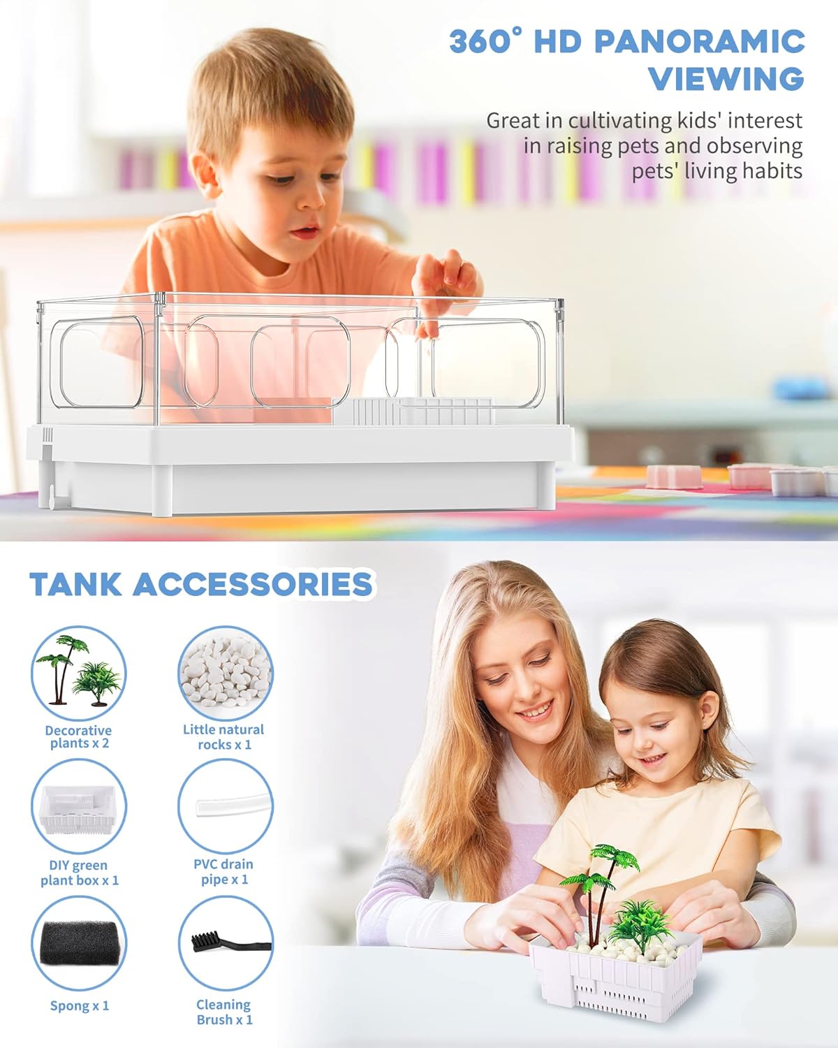 Small Turtle Tank, Aquarium, Acrylic Terrarium with Basking Platform, Bottom Drainage, Multi-Function Areas for Turtles, Crabs, Crayfish, Reptiles.