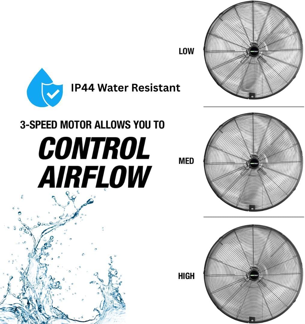 OEMTOOLS 24" Outdoor Wall Mount Fan, 80° Oscillating Fan 6800 CFM Max, Water Resistant, Use in Garage, Gym, Warehouse, Factory and Jobsite