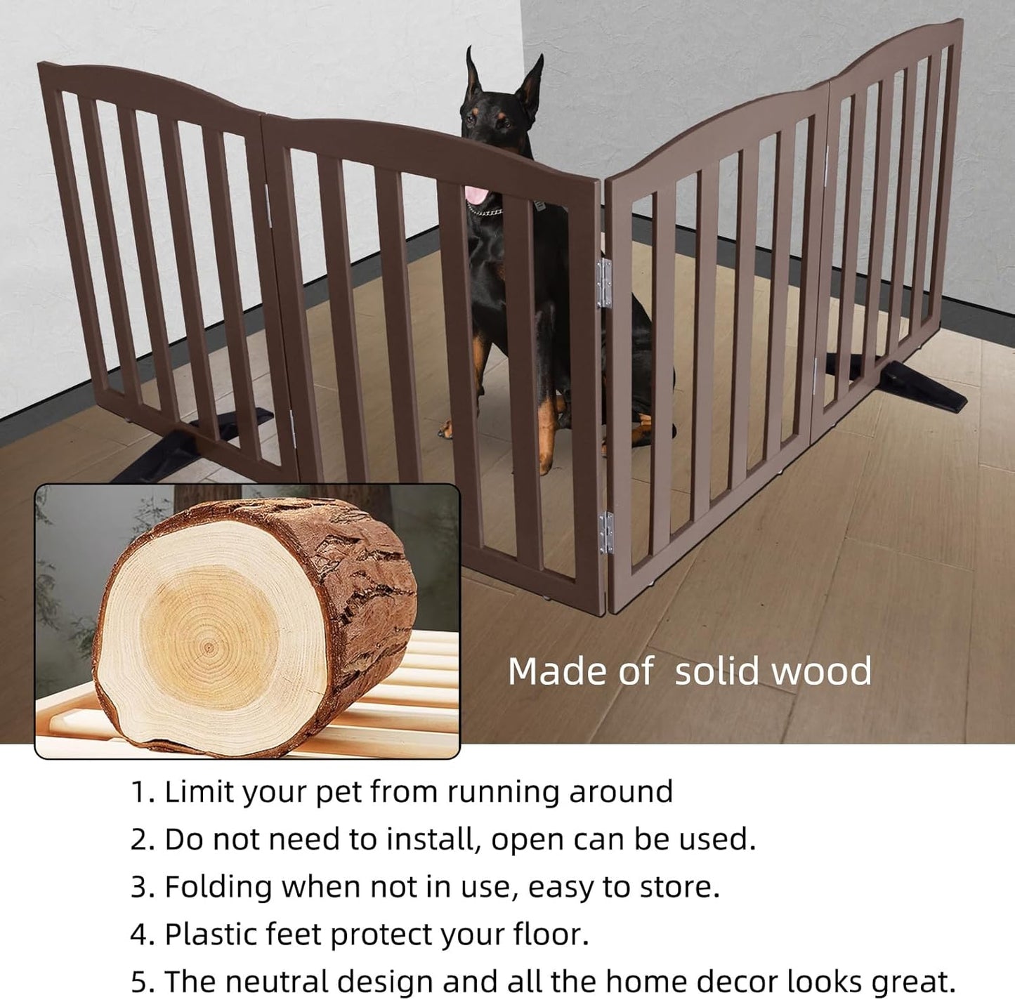 ZJSF Foldable Freestanding Indoor Dog Gate for House Wood Long Pet Gates Dog Fence for Stairs Puppy Gates for Hallways, Puppy Gate,Support Feet Included, Brown, 32 "Height-4 Panels