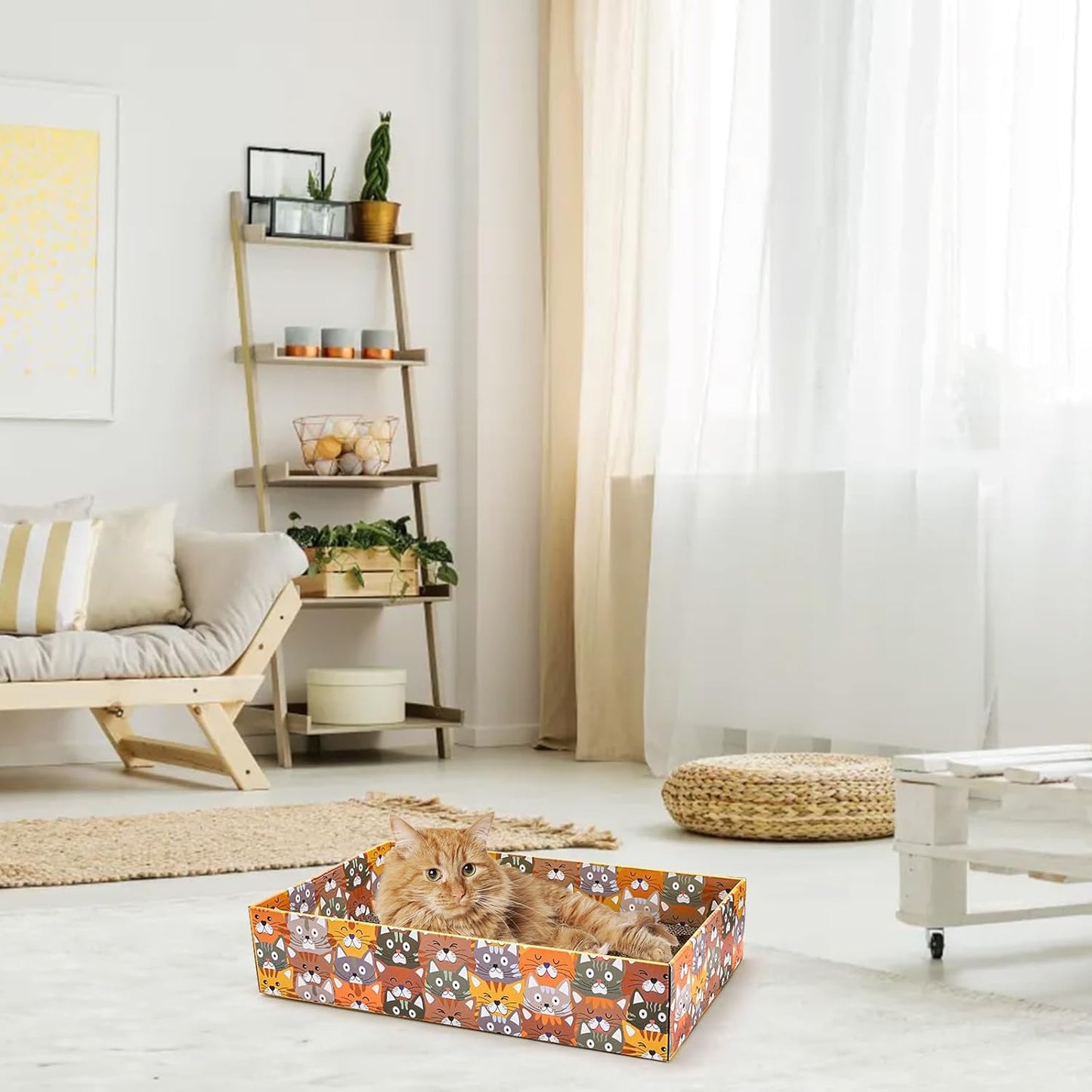 Set of 2 Cardboard Cat Scratchers, 6 Pcs Corrugated Cat Scratch Pad with 2 Boxes, Cute Reversible Kitty Sofa Bed, Refillable Wave Shaped Lounge, Interactive Kitten Toy for Indoor Cats