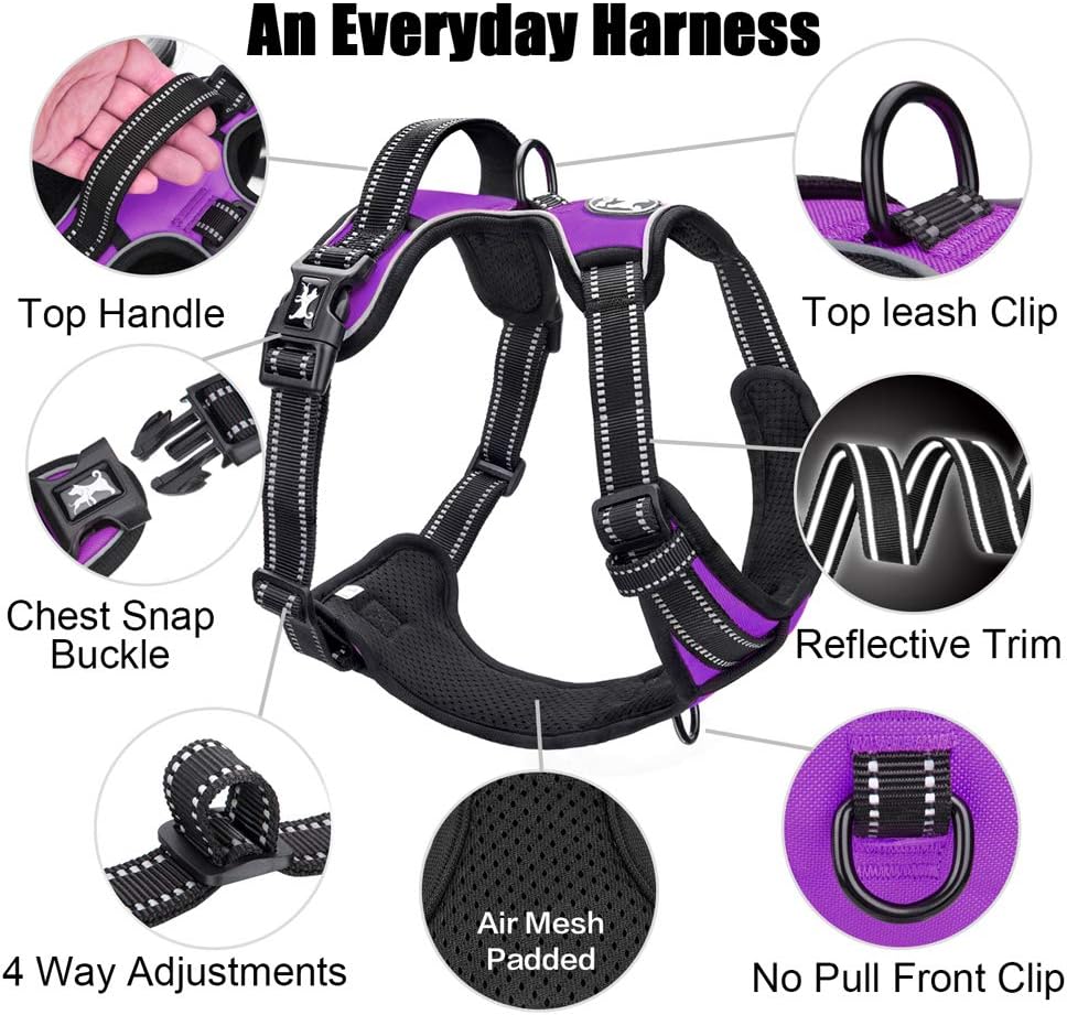 PoyPet No Pull Dog Harness, Reflective Comfortable Vest Harness with Front & Back 2 Leash Attachments and Easy Control Handle Adjustable Soft Padded Pet Vest for Small to Large Dogs (Purple,S)