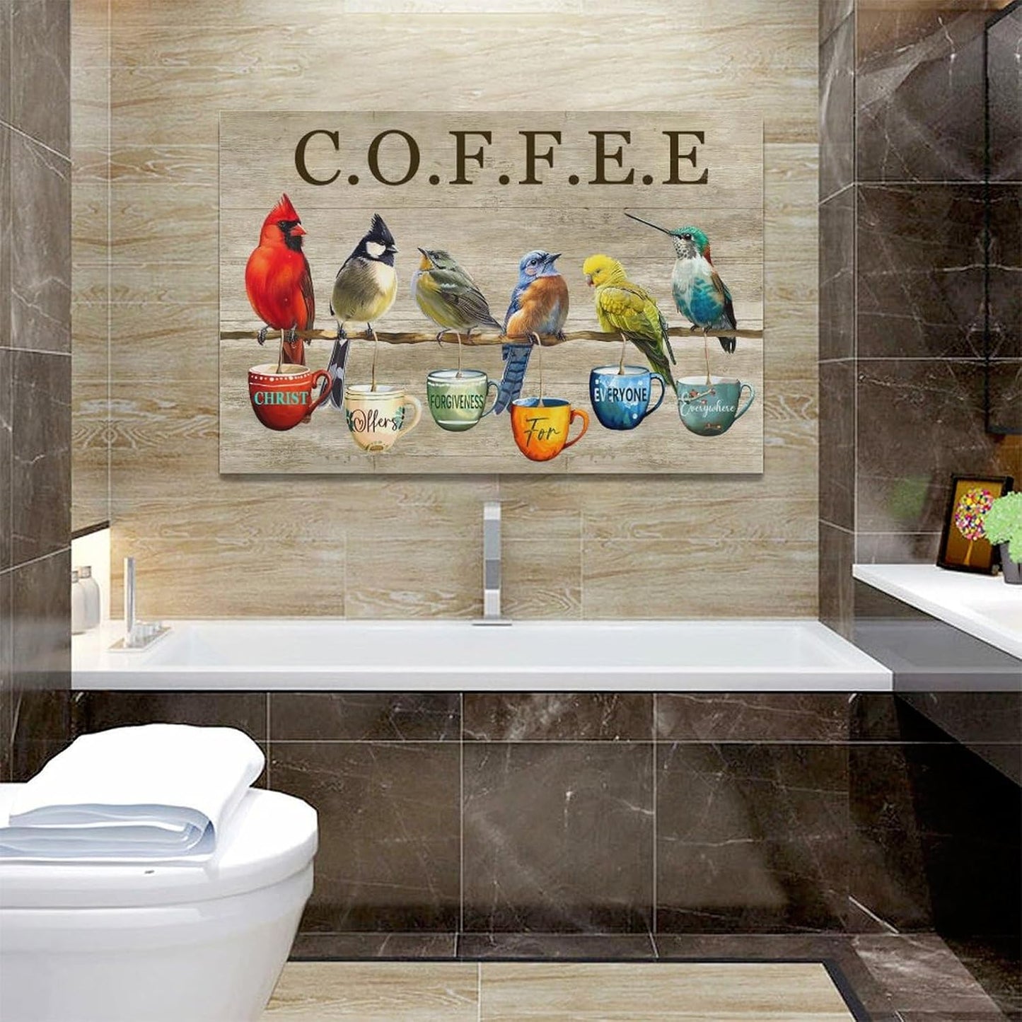 Rustic Bird Coffee Wall Art Kitchen Christ Coffee Pictures Wall Decor Farmhouse Cardinal Hummingbird Canvas Print Painting Artwork for Coffee Bar Living Room Bedroom 16"x24"