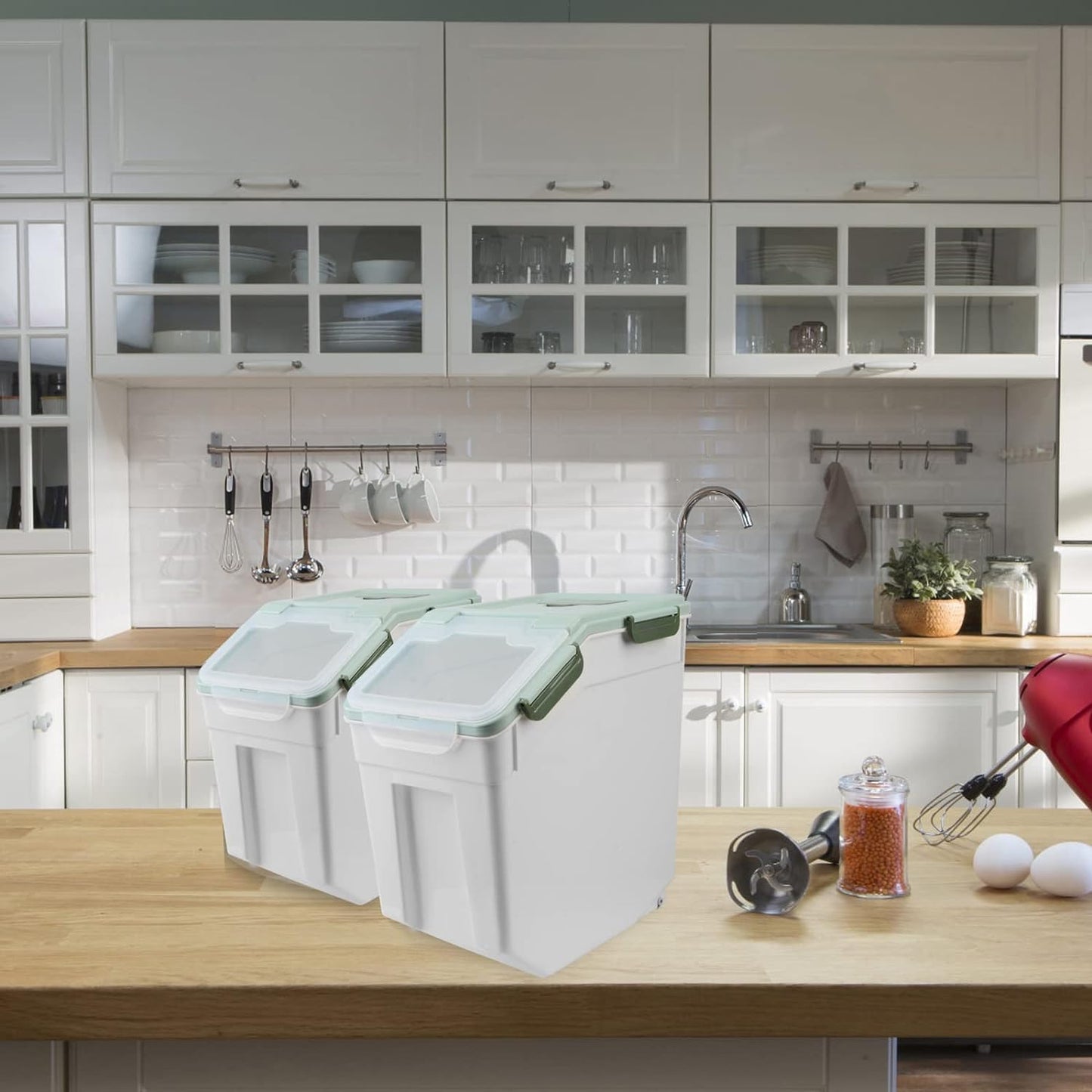 AnRui Rice Storage Container 50LB, Airtight Flour Storage Containers, Plastic Cereal Grain Dispenser Organizer Pet Food Storage Bin with Lid, Measuring Cup, Scoop, Green, 2Pcs(Total Capacity:100LBS)