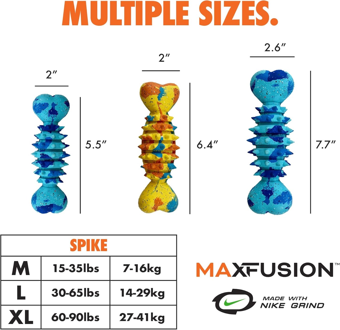 Max Fusion with Nike Grind, Arlee Spike Bone Dog Toy, Chew Toy for Play, Fetch, Tug, L