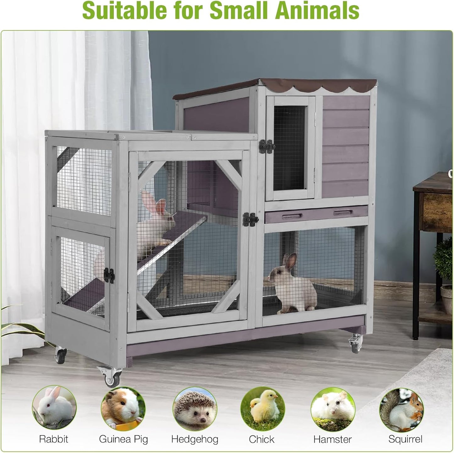 Wooden Rabbit Hutch with Two Story, Bunny Cage with Leak-Proof Trays, and Chew-Proof Ramp, Guinea Pig Cage with Wheels, Suitable for Indoor/Outdoor Use (Grey)