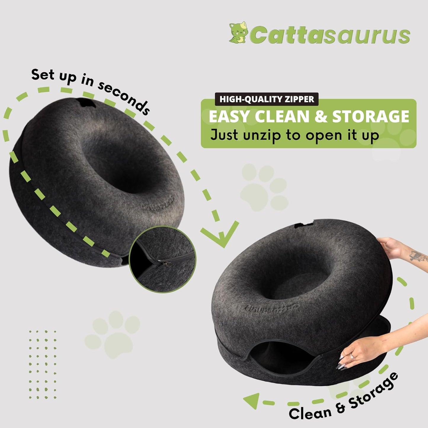 Cattasaurus Peekaboo Cat Cave, Extra Spacious for Multiple & Large Cats 12+ lbs, Scratch Detachable Beds for Indoor Cats, Washable Tunnel Bed, Comfy Cat Donut Tunnel (Light Gray+Dark Gray, Jumbo)
