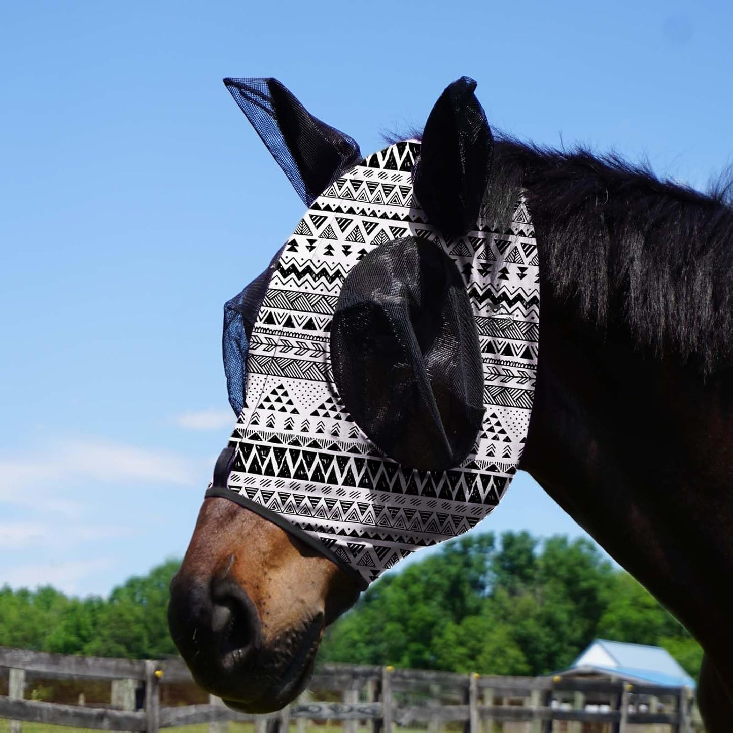 Harrison Howard Super Comfort Stretchy Fly Mask Large Eye Space with UV Protection Soft on Skin with Breathability Doodle Aztec Full Size
