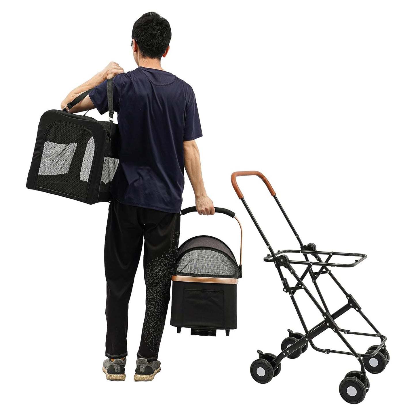 2-Layers Pet Stroller for 2 Cats/Dogs,Foldable Lightweight 77lbs Capacity Carrier, 4 Wheels, Removable Basket & Storage Pocket,for Small Pets (Black)