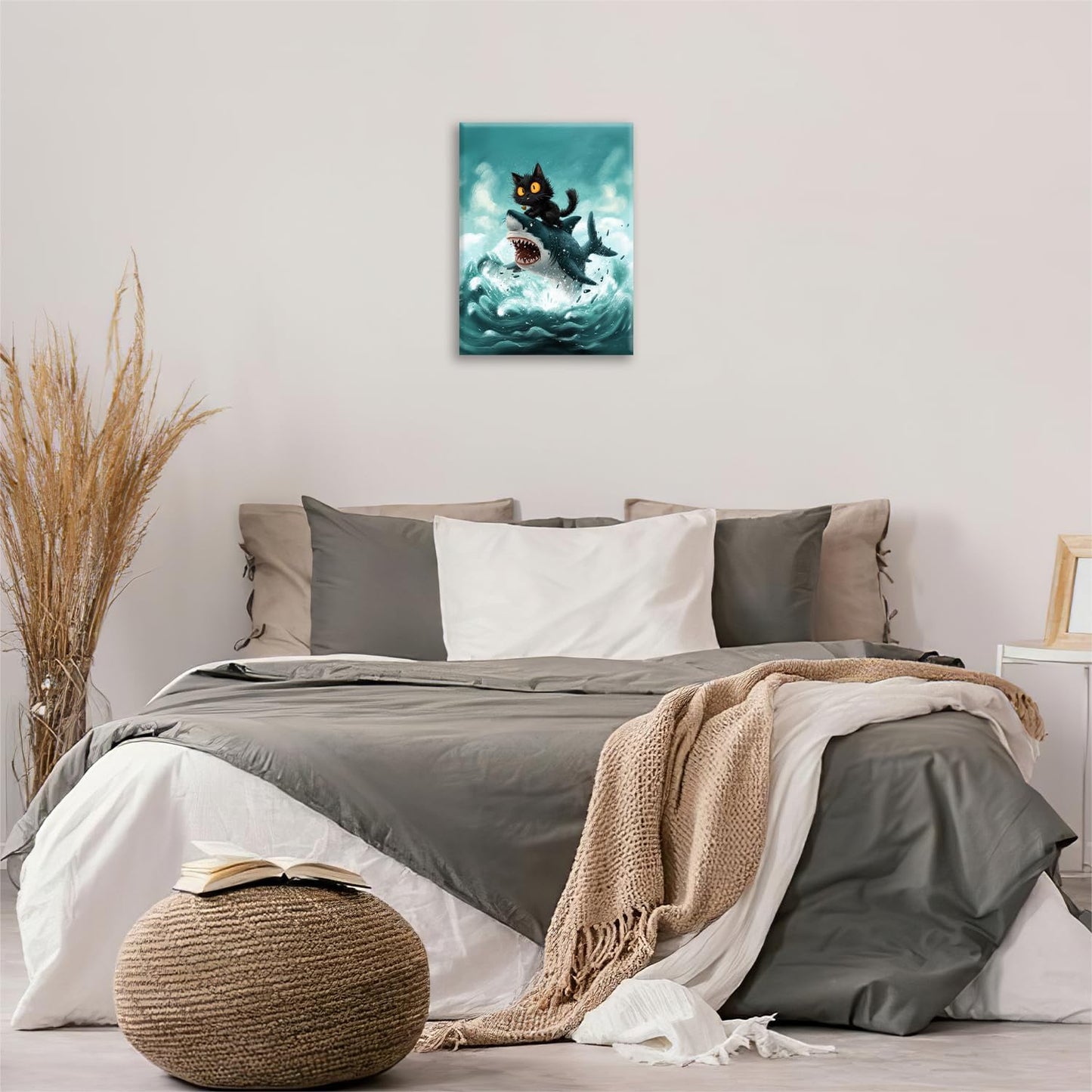 Funny Black Cat Bathroom Wall Art Cute Cat Riding Shark Canvas Wall Decor Animal Kitten Pictures Painting Print Artwork Framed Decorations Gifts for Cat Lover Kids Room Bedroom 24"x20"