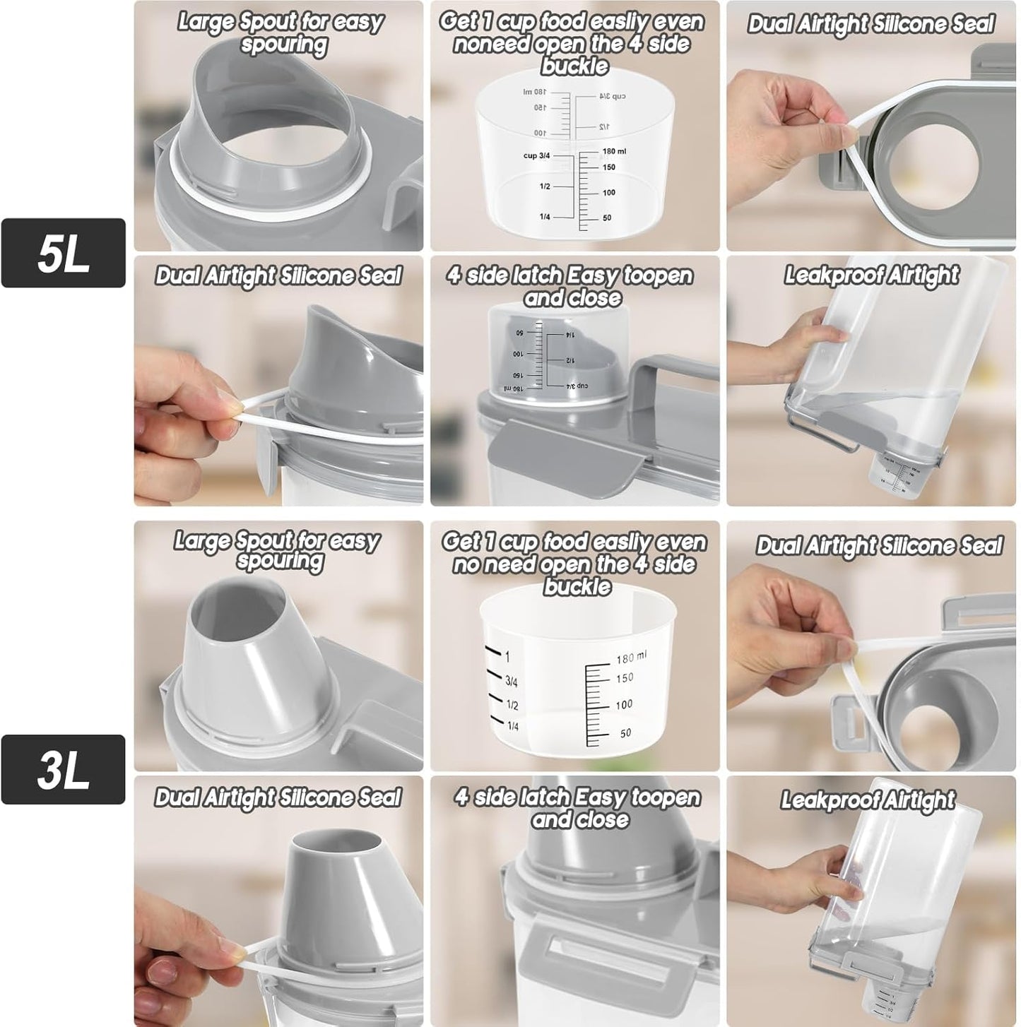 Dog Food Storage Container, Upgraded Large Nozzle BPA-free, 8-12 LBS Plastic Pet Food Storage Containers, With 4 Sealed Clasps, 1 Measuring Cup and Handle, Easy to Clean and Carry -2 Packs