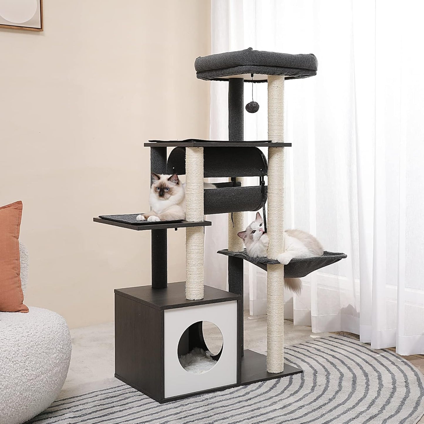 PEQULTI 51.4 Inches Modern Cat Tree Premium 6 Levels Wooden Cat Tower with Fully Sisal Covered Scratching Posts, Cozy Condo, Spacious Perch, Super Large Hammock and Swing Tunnel for Indoor Cats Gray