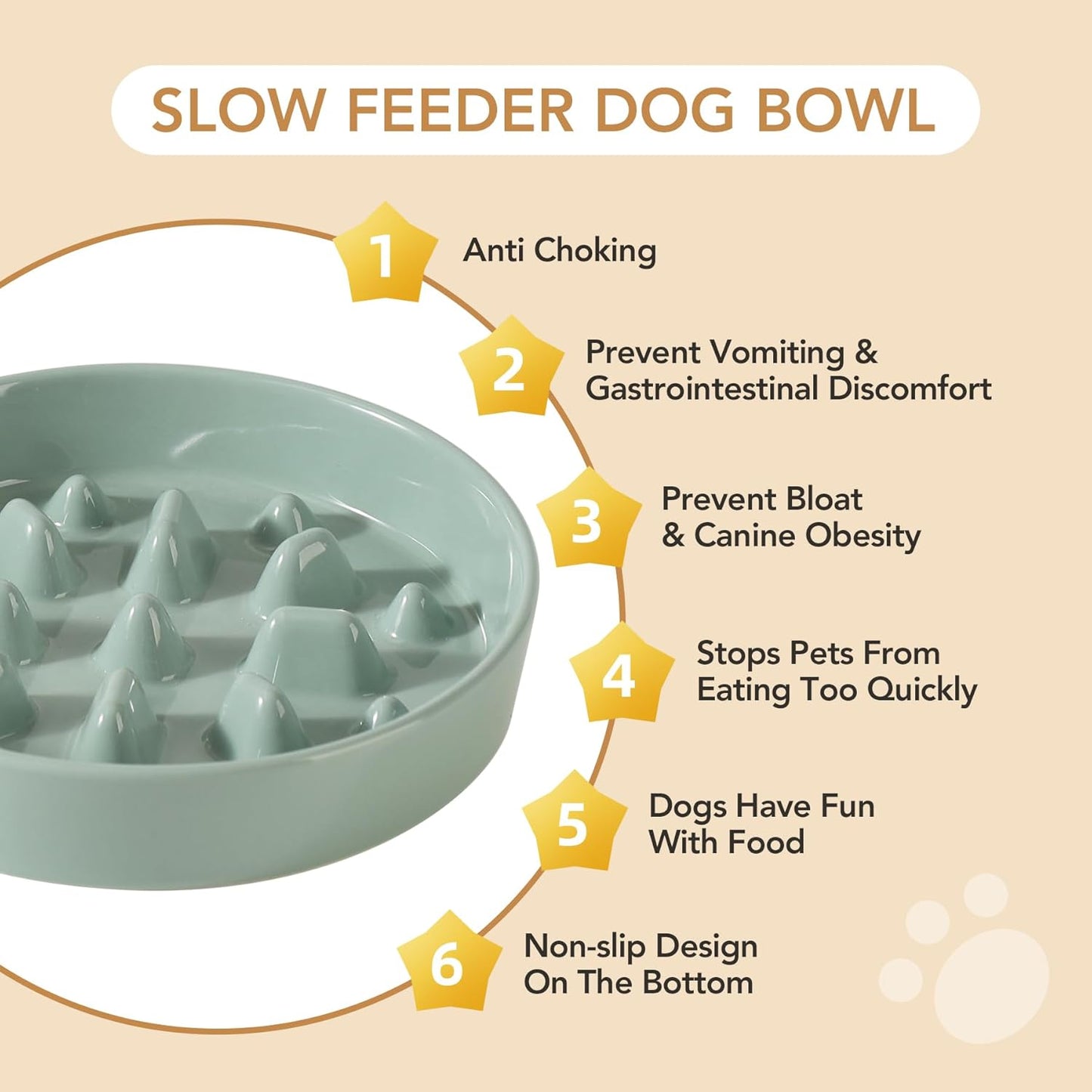 Ceramic Raised Slow Feeder Dog Bowl Set, Elevated 7.3inch Bowl and 8.2inch Slow Pet Food Dish with Wooden Stand for Medium and Large Dog (2 x Light Green+ Stand)