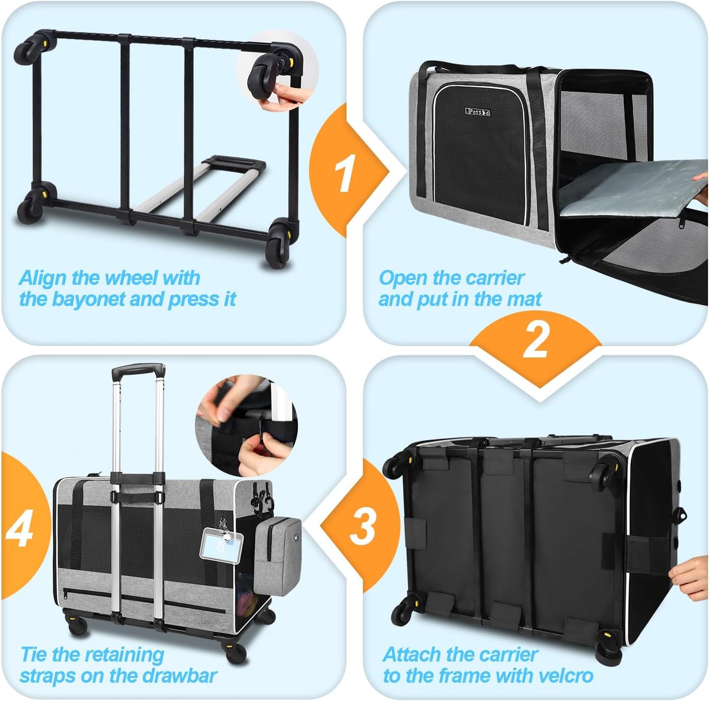 Petskd Extra Large Cat Carrier with Wheels and Litter Box 24"x17"x17" for Large Cat or 2 Small Cats, Collapsible Soft Sided Pet Carrier for Car Travel with Lockable Safety Zippers(Grey)