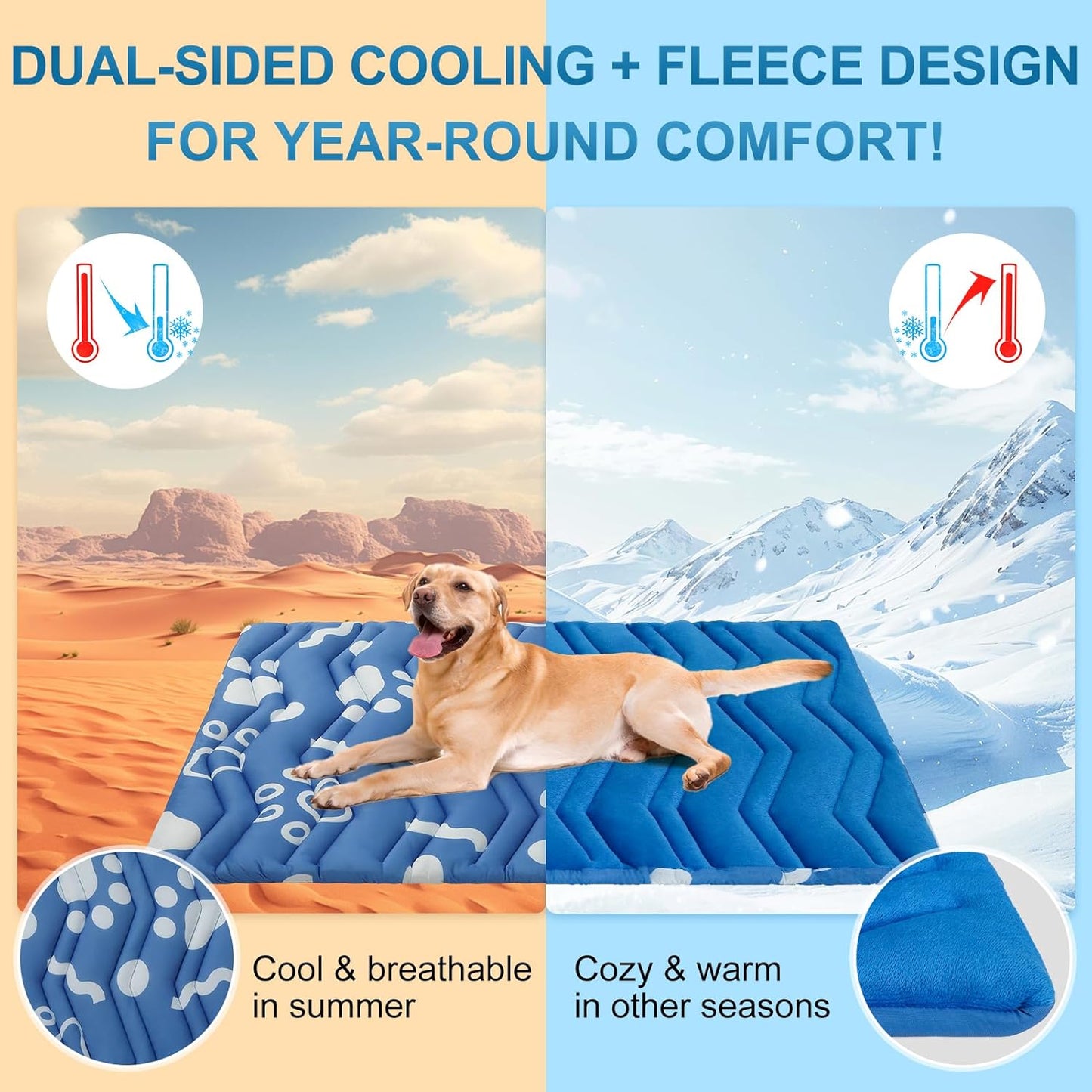 BEAUTYZOO Dog Cooling Mat- Upgraded Thicken Cooling Mat for Large Dogs Reversible(Cool & Warm) Pet Ice Cool Bed Washable & Portable, Summer Crate Pad for Big Dog Puppy Up to 44 lbs, Paw Blue 36X23IN