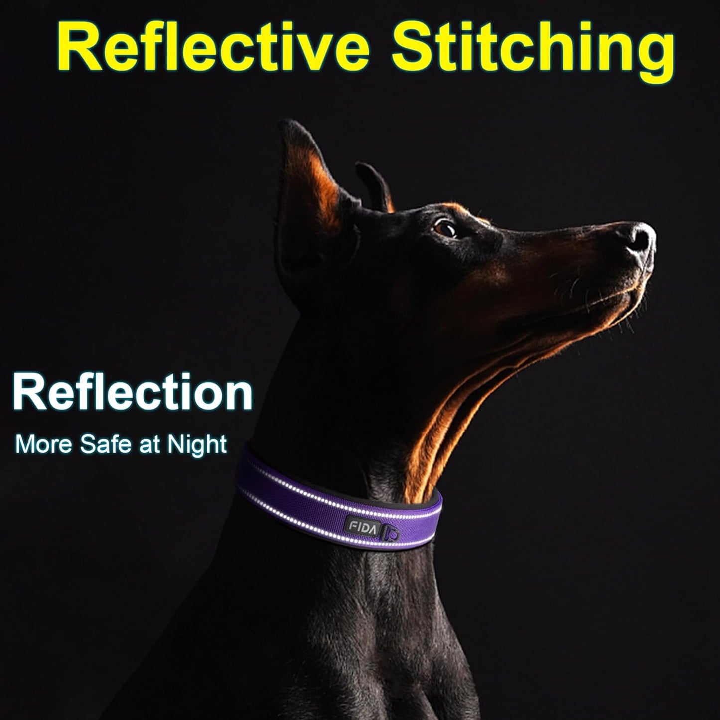 Fida Heavy Duty Dog Collar, Ultra Comfortable Soft Neoprene Padded, Adjustable Reflective Nylon Pet Collar with Durable Metal Belt Buckle for Medium Breeds (M, Purple)