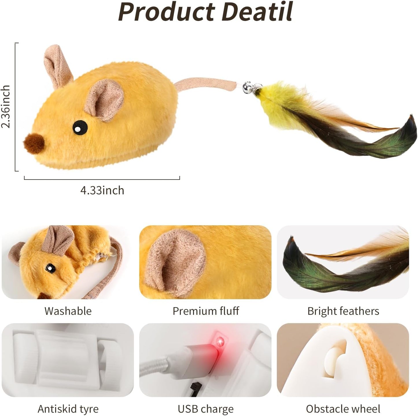 Interactive Cat Toys Mouse for Indoor Cats Rechargeable Cat Toy Mouse Toy Feather Bell Tail Lifelike Electric Automatic for All Breeds Boredom Exercise-Yellow