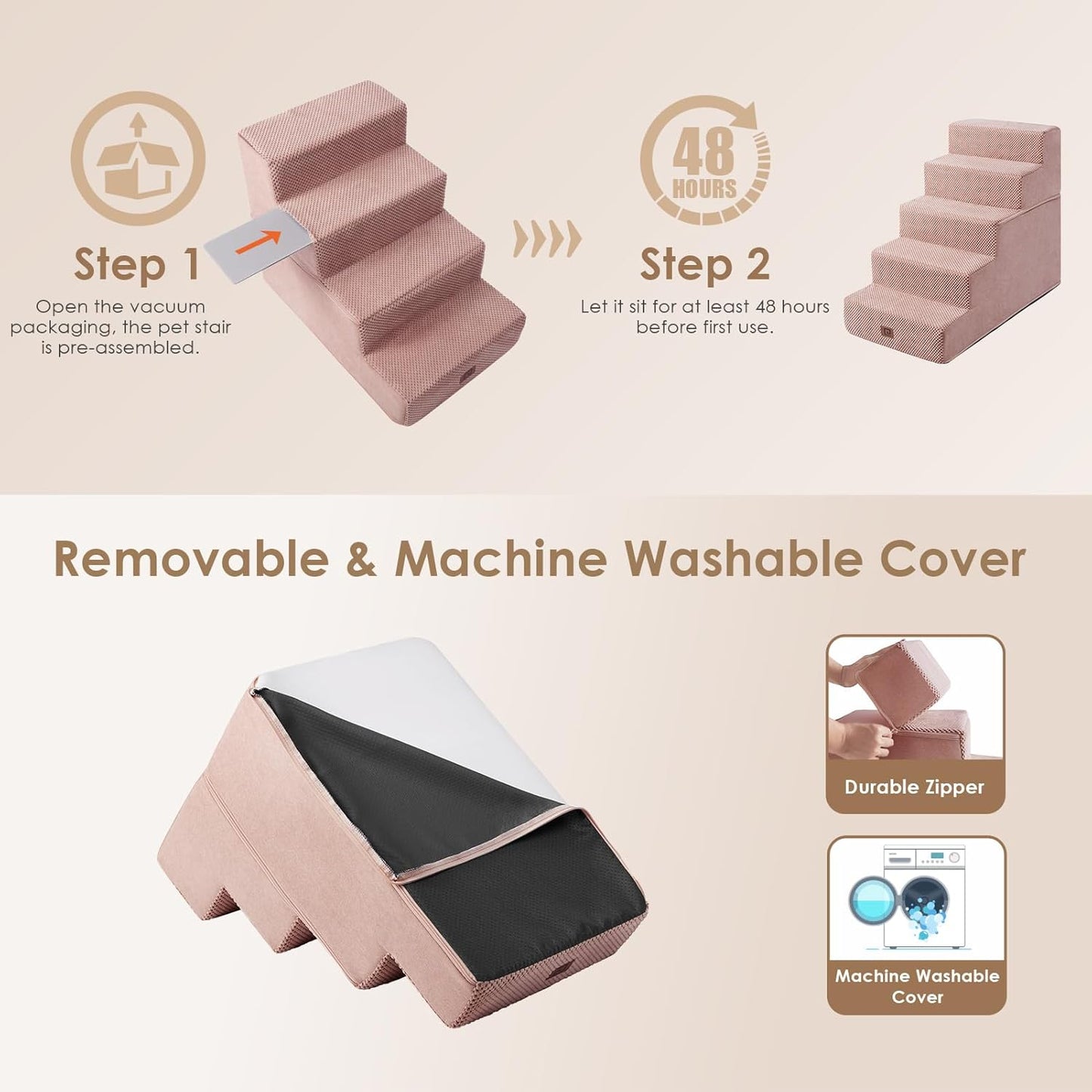 EHEYCIGA Dog Stairs for High Bed 22.5" H, 5-Step Dog Steps for Bed, Pet Steps for Small Dogs and Cats, Non-Slip Balanced Pet Ramp Indoor, Pink