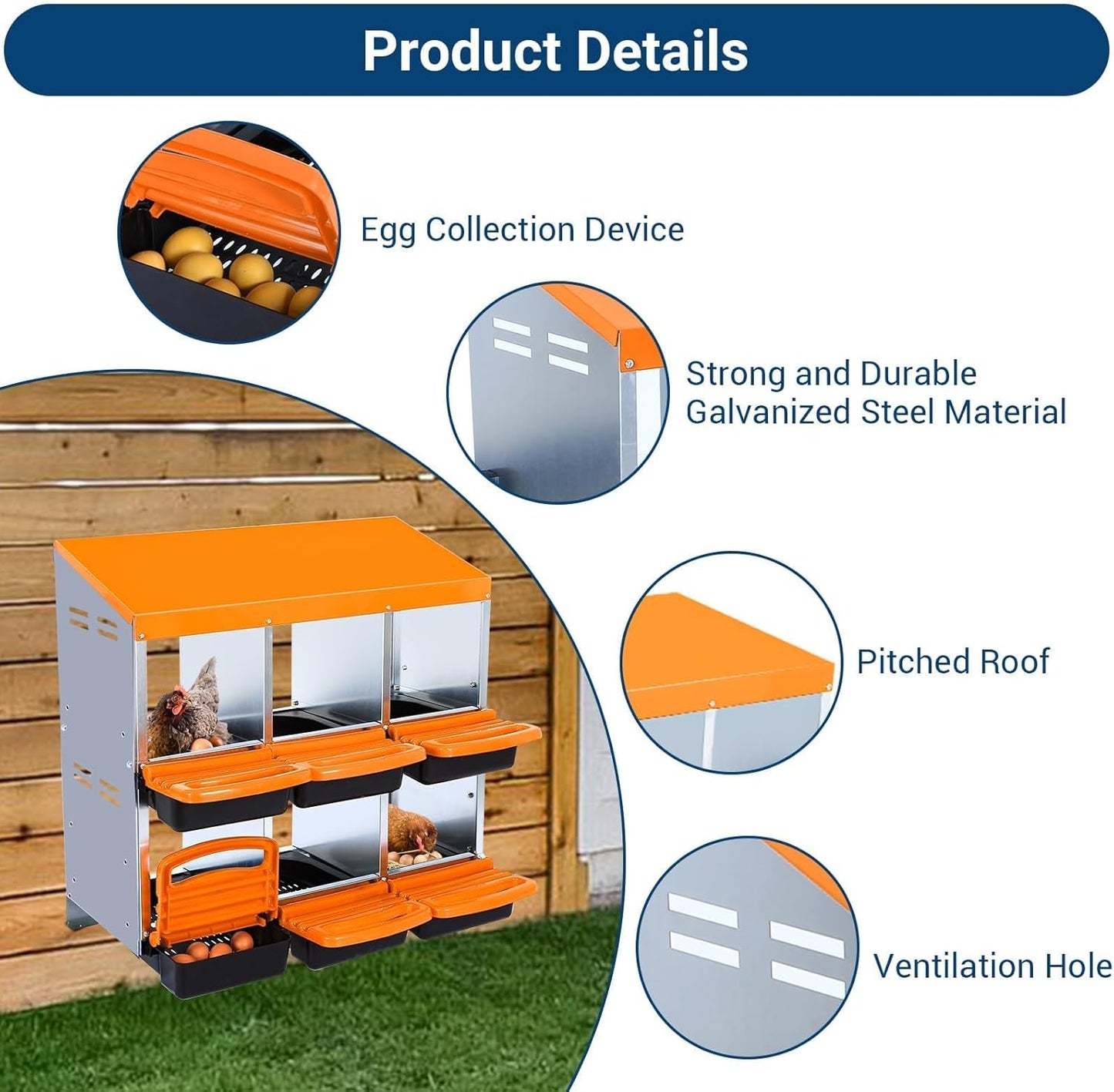 Chicken Nesting Boxes, 6 Hole Metal Chicken Laying Box with with Removable Trays and Roll Out Egg Collection for Chicken Coop, Orange