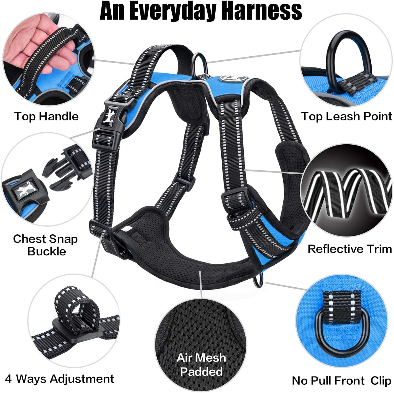 PoyPet No Pull Dog Harness, Reflective Comfortable Vest Harness with Front & Back 2 Leash Attachments and Easy Control Handle Adjustable Soft Padded Pet Vest for Small to Large Dogs (Blue,XL)