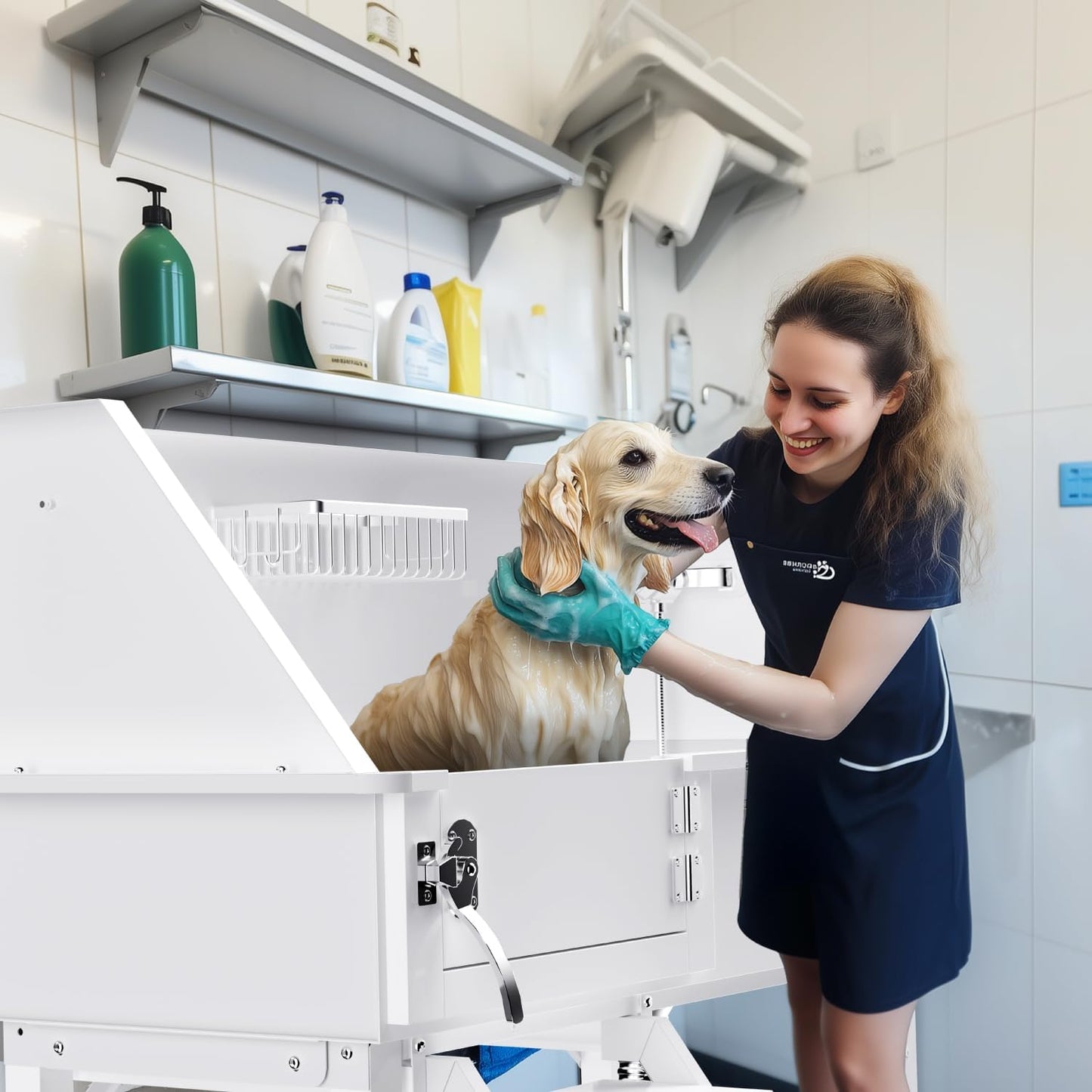 Dog Washing Station for Home, 38" White Professional Stainless Steel Dog Grooming Tub, Height Adjustable Dog Bathing Station, Upgrade Parts, Dog Bath Tubs for Small & Medium Dogs(Left Stair)