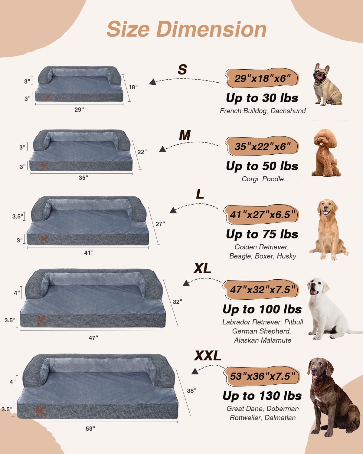 KSIIA Orthopedic Dog Bed for Extra Large Dog,Washable Pet Sofa with U-Shaped Bolster Removable Waterproof Cover Non-Slip Bottom and Egg-Crate Orthopedic Foam Pet Couch Bed, 47 x 32 Inch, Dark Gray