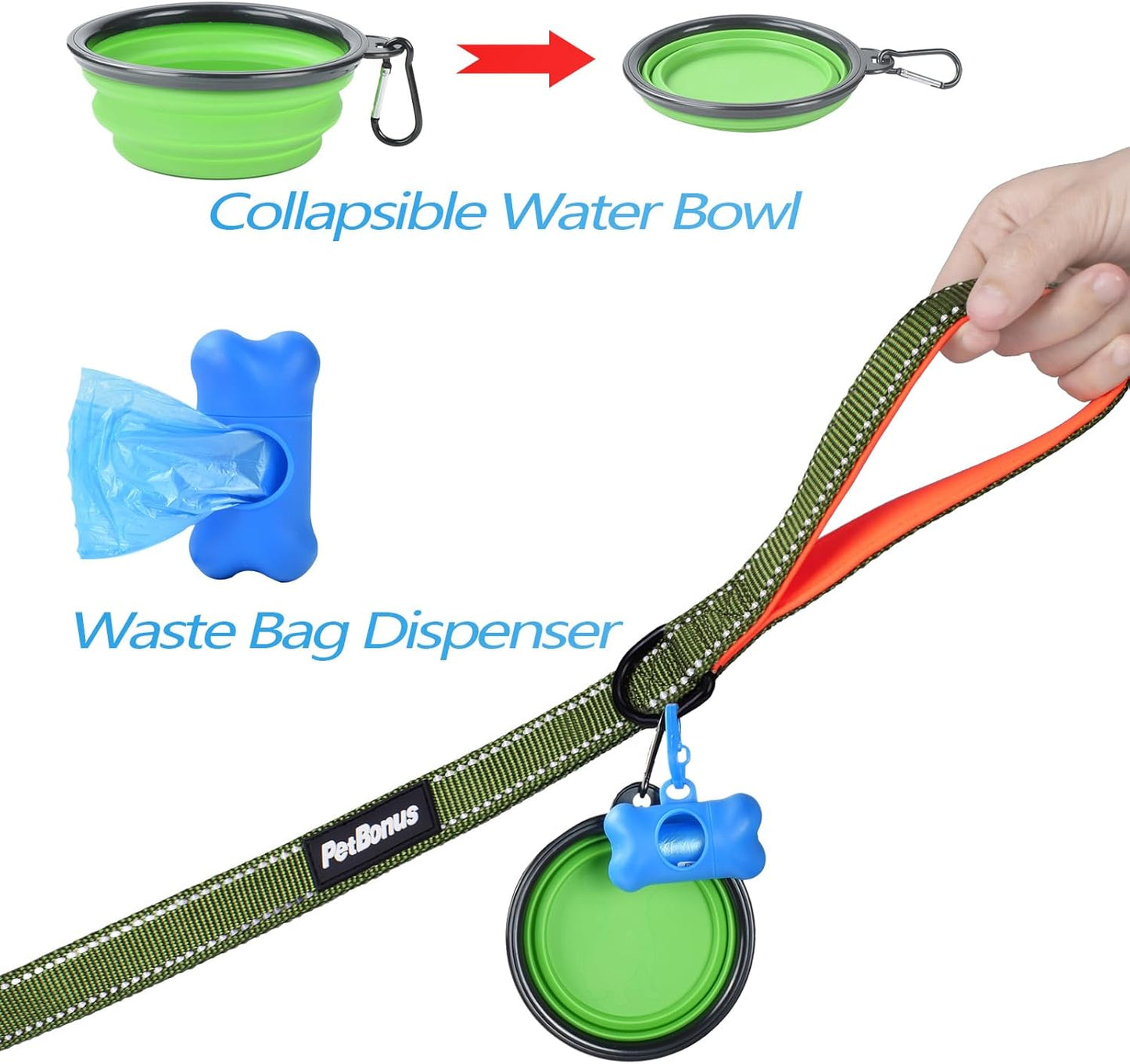 PetBonus Double Dog Leash, No Tangle Dual Leash, Reflective Walking Training Lead, 4 Comfortable Padded Handles for 2 Dogs with Collapsible Bowl and Waste Bags (Khaki Green, Large)