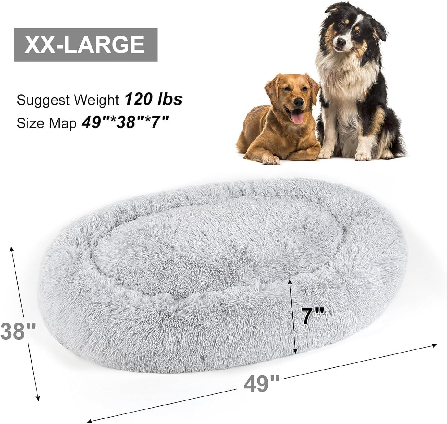 Dog Bed, Cat Calming Bed, Faux Fur Pillow Pet Donut Cuddler Round Plush Bed for Large Medium Small Dogs and Cats (Light Grey, 49.0" L x 38.0" W x 7.0" Th)