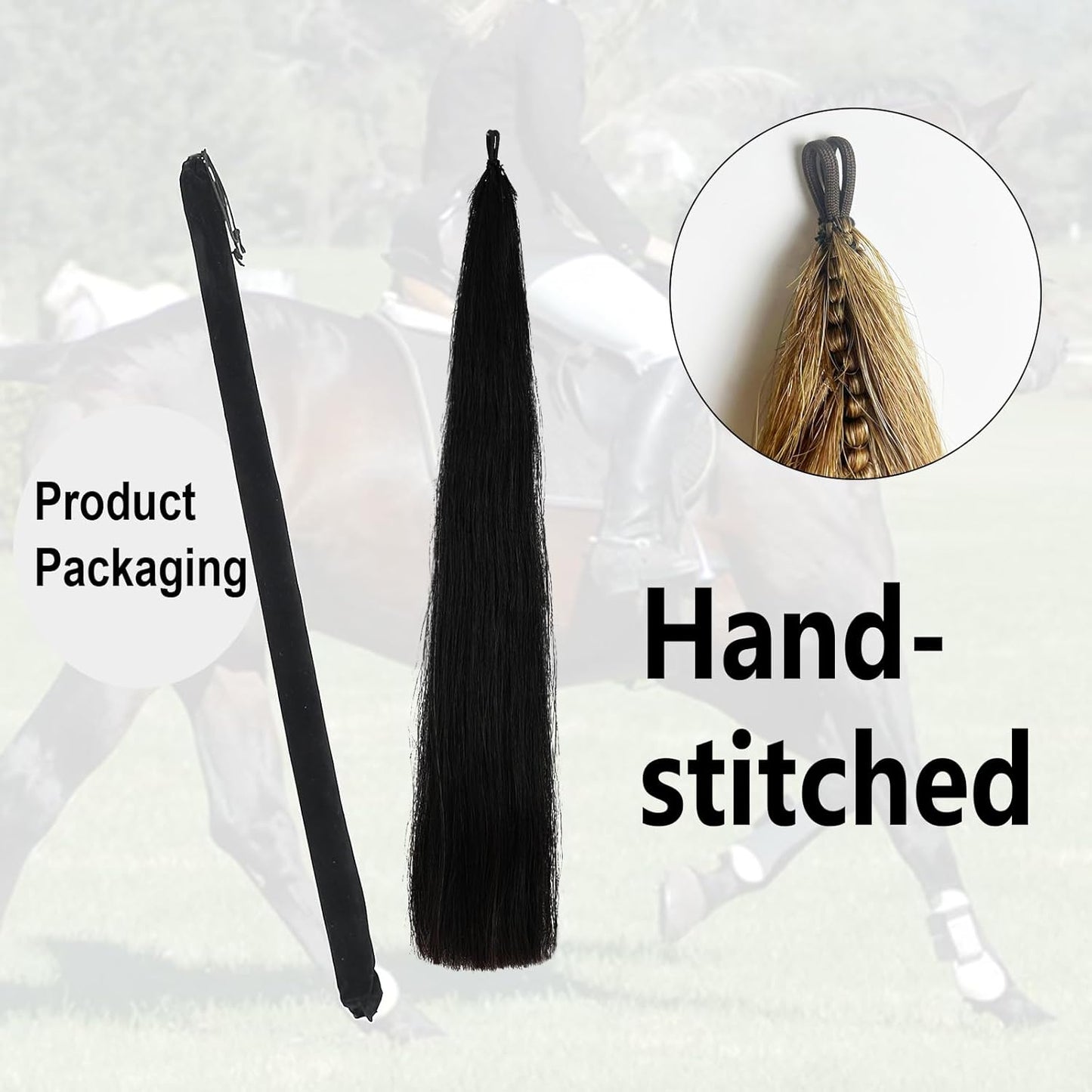 Horse Tail Extensions with Natural Loop Top, Blunt Cut Bottom, 3/8 LB 28-30 Inches Long (Jet Black)