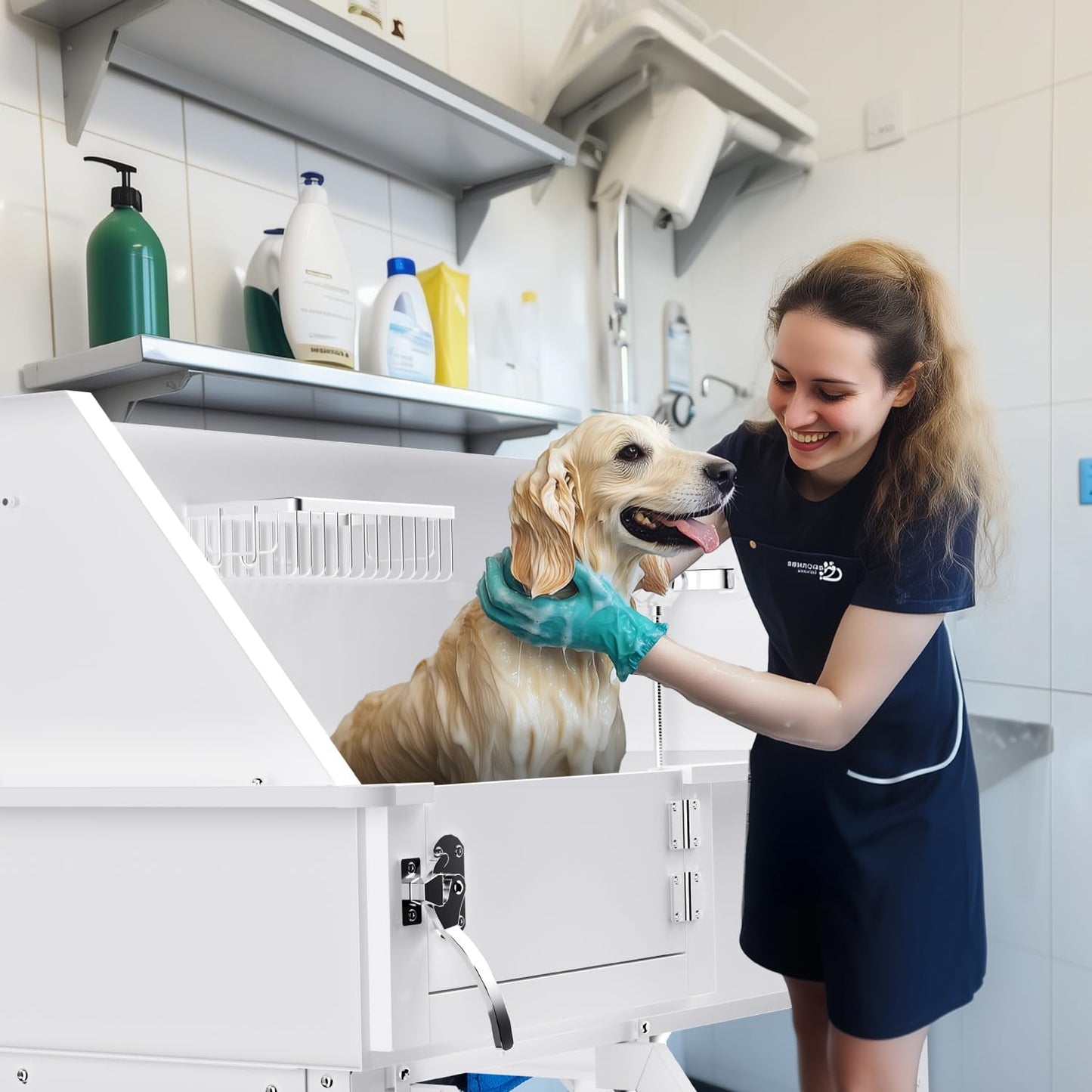 Dog Washing Station for Home, 38" White Professional Stainless Steel Dog Grooming Tub, Height Adjustable Dog Bathing Station, Upgrade Parts, Dog Bath Tubs for Small & Medium Dogs(Left Ramp)