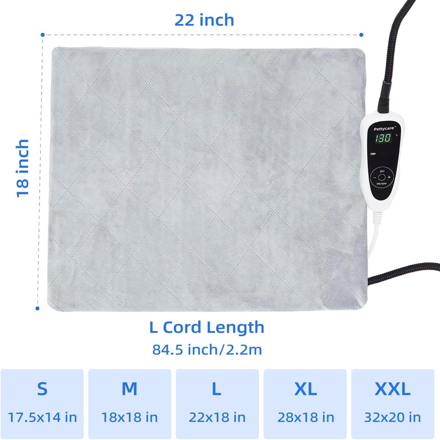 pettycare Pet Heating Pad for Dog Cat, Electric Heating with Steel-Wrapped Cord, 25-Level Timer & 11-Level Temperature Indoor Warming Pads Easy Clean for Puppy Cat Dog L 22x18inch